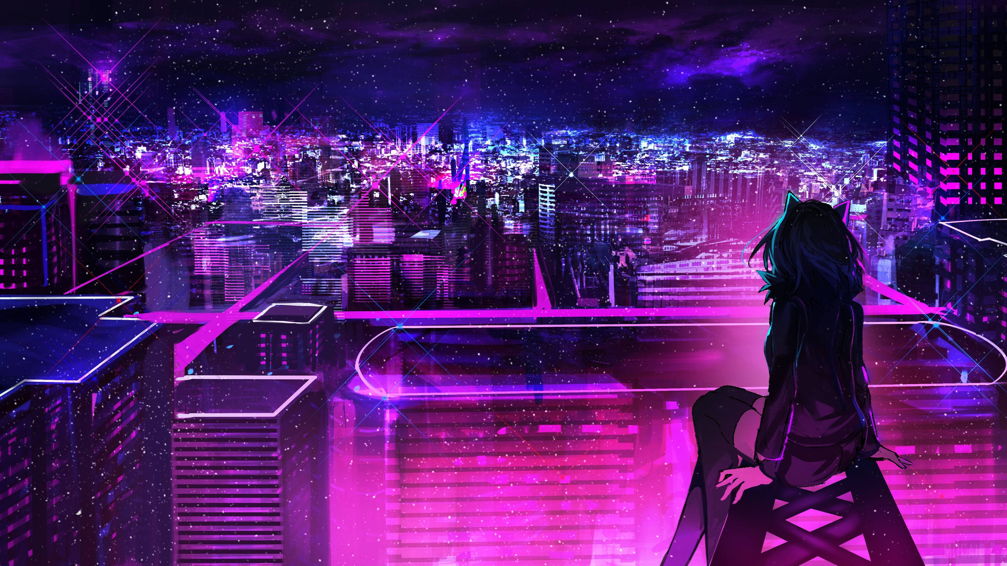 Chica anime animada en ciudad neón púrpura Fondos de pantalla