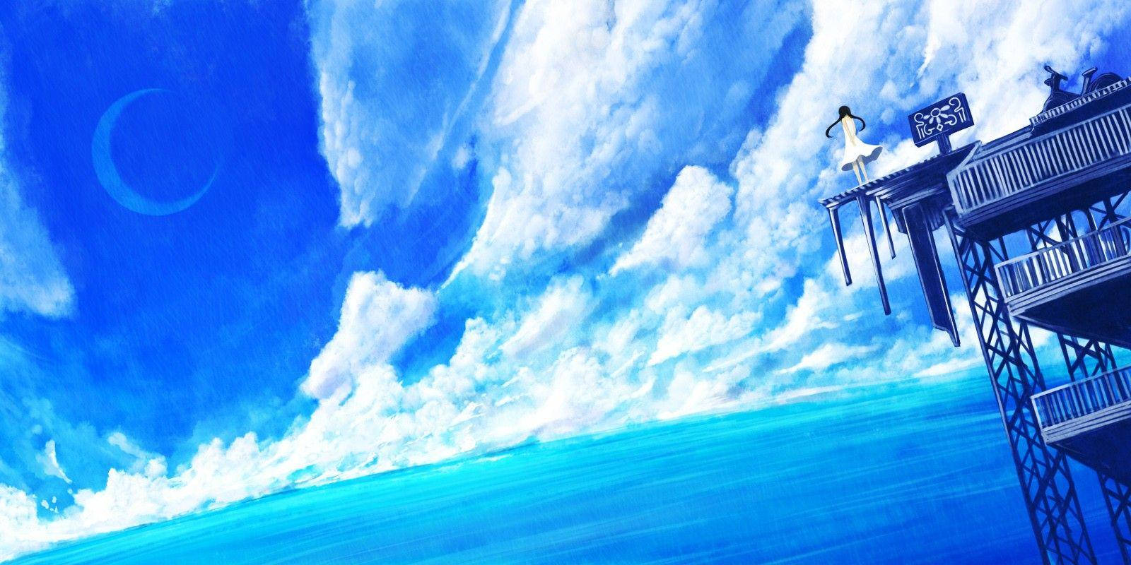 Chica anime azul contemplando el mar Fondos de pantalla