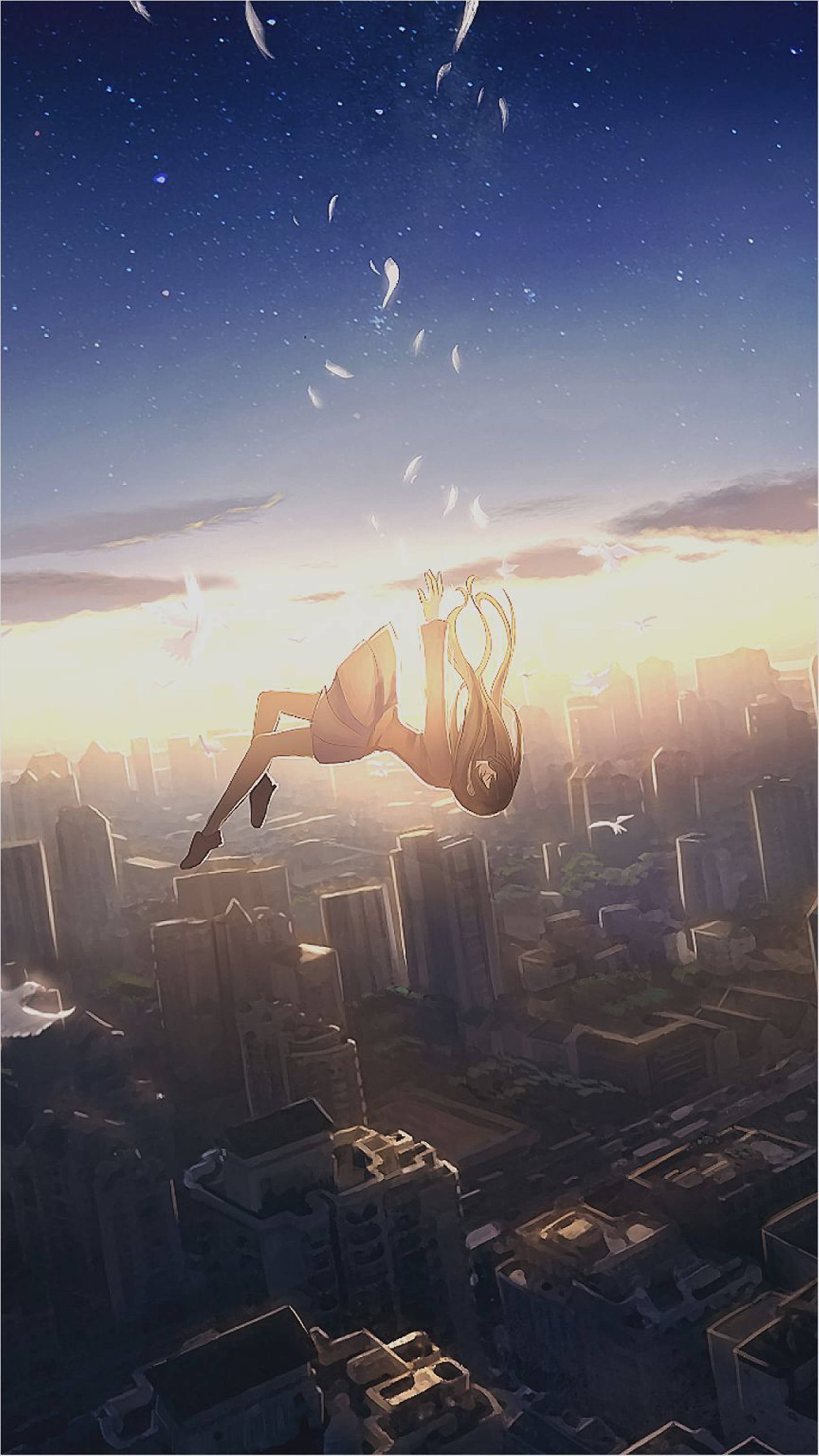 Chica Anime Cayendo en Ciudad 4K para iPhone Fondos de pantalla