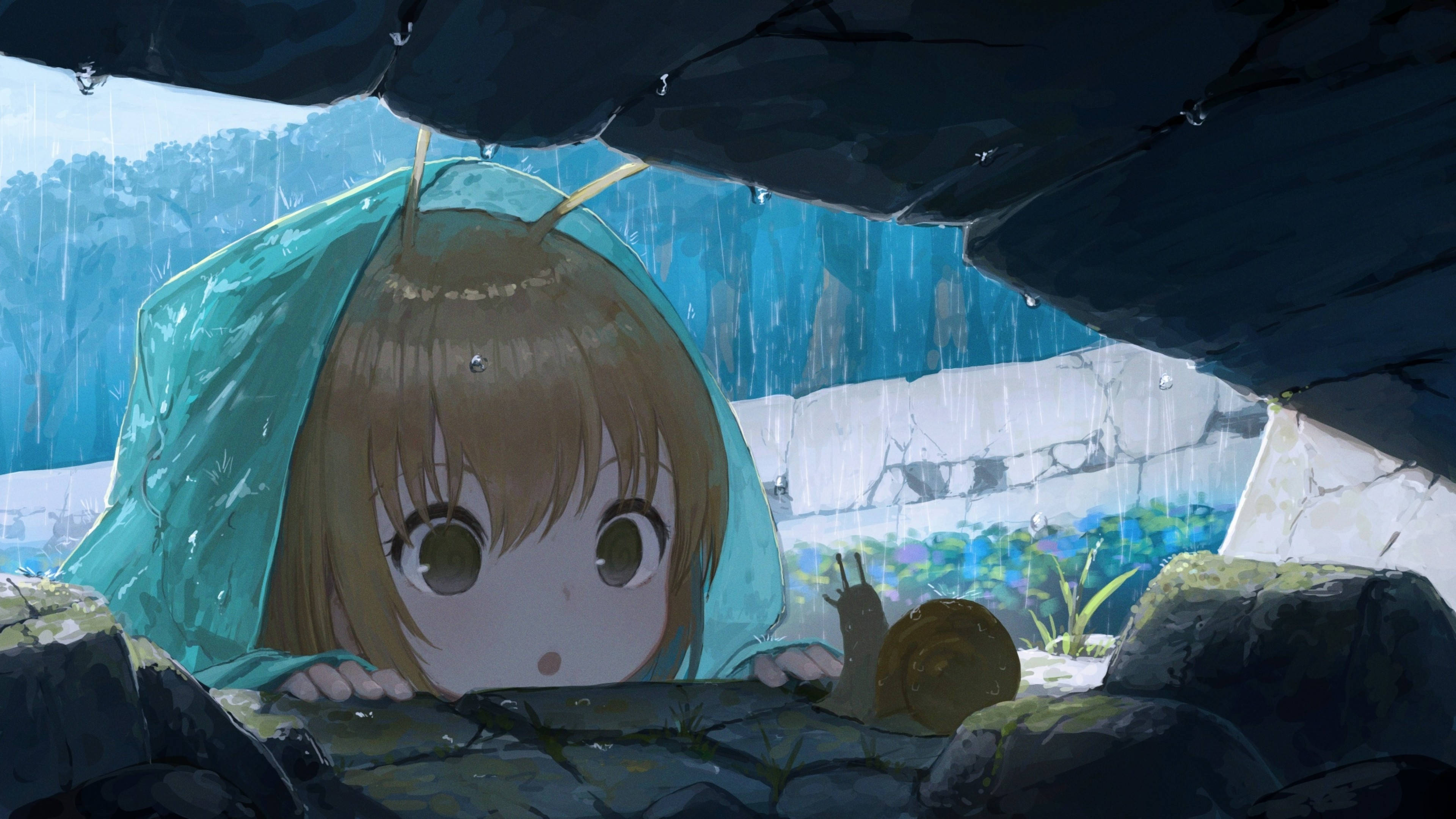 Chica Anime con Sudadera y un Caracol Fondos de pantalla