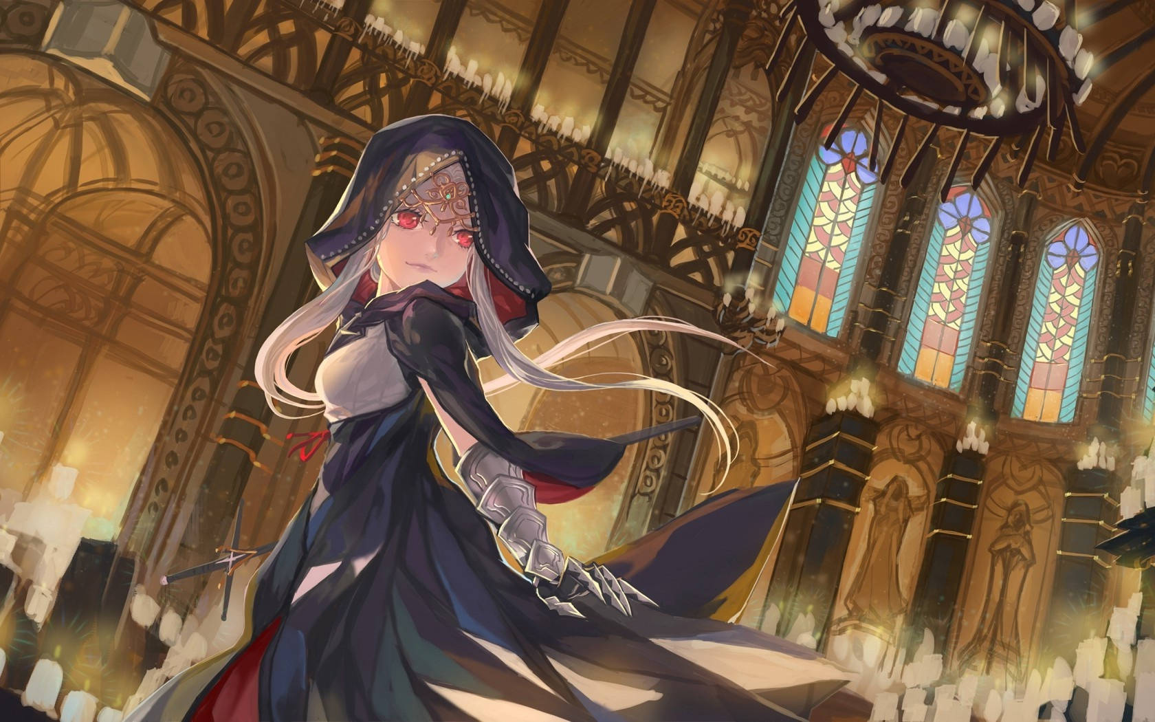 Chica anime con sudadera en iglesia Fondos de pantalla