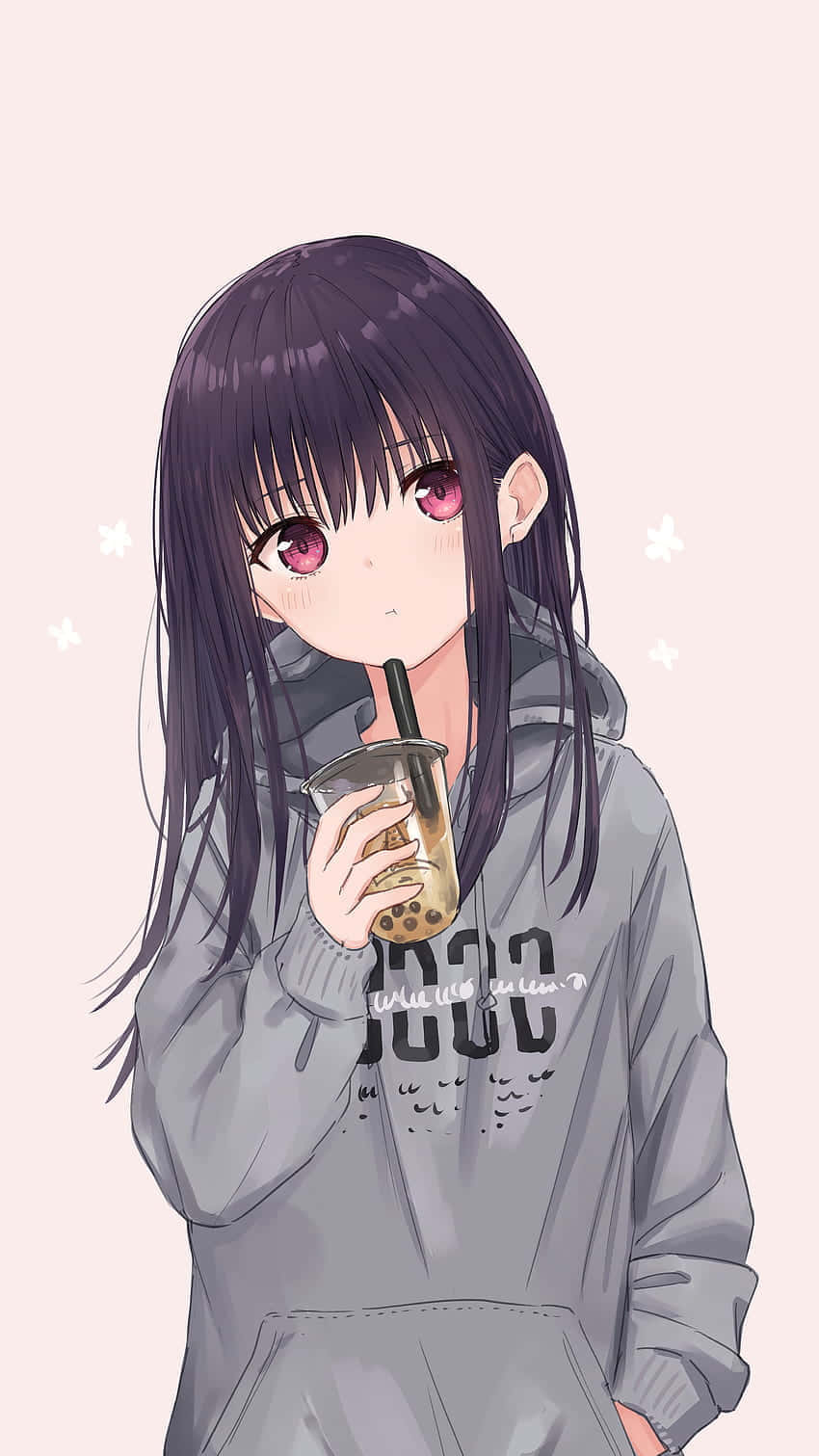 Chica anime con sudadera y té de burbujas Fondos de pantalla