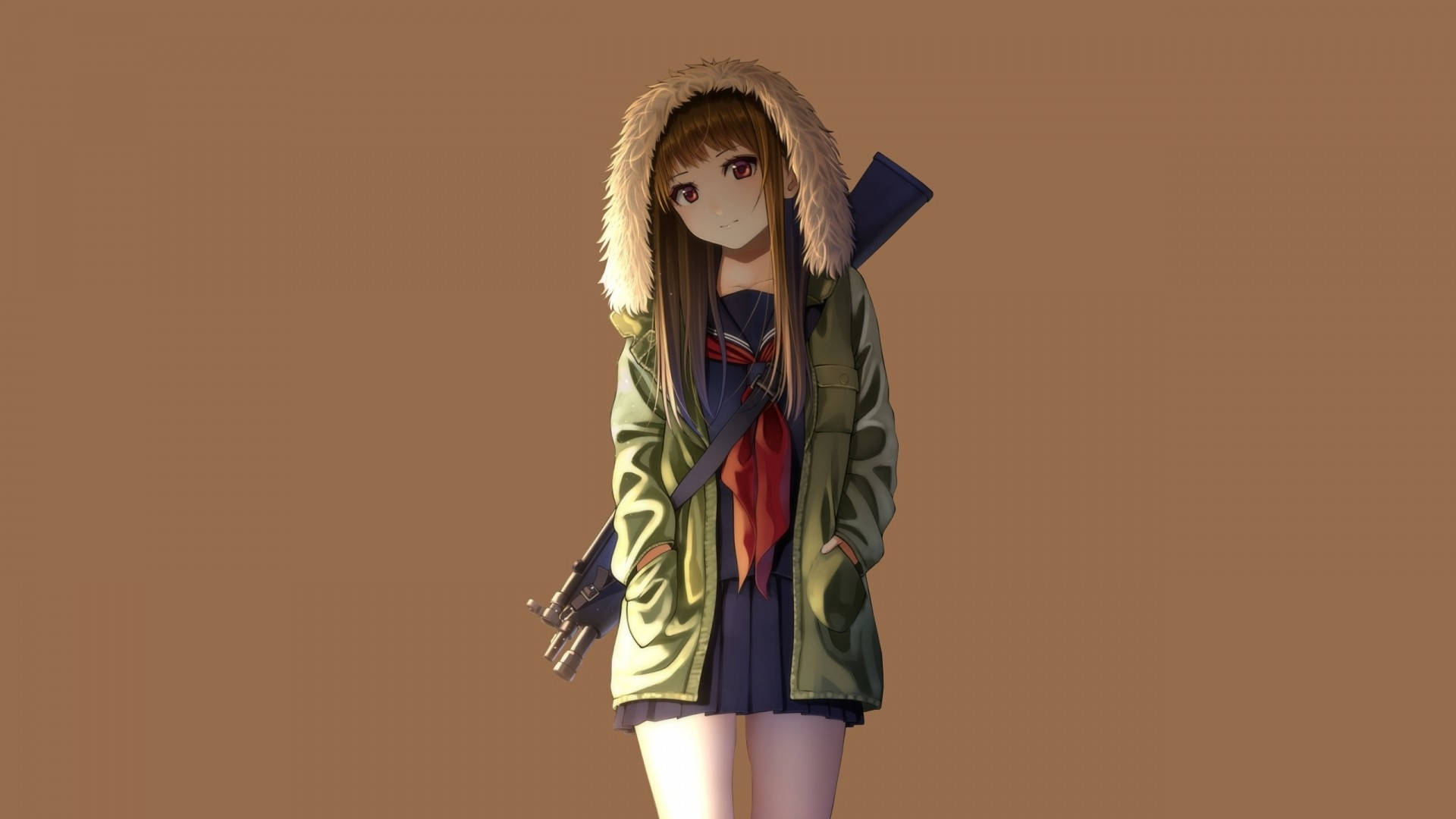 Chica anime con sudadera y una pistola Fondos de pantalla