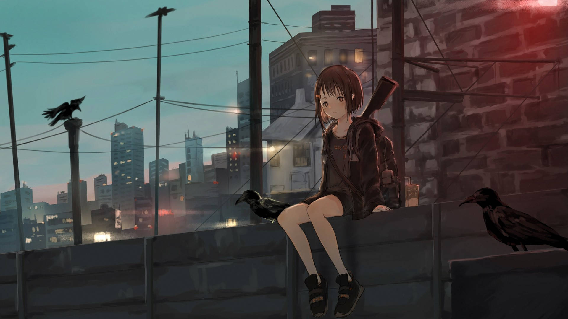 Chica anime con sudadera en la calle Fondos de pantalla