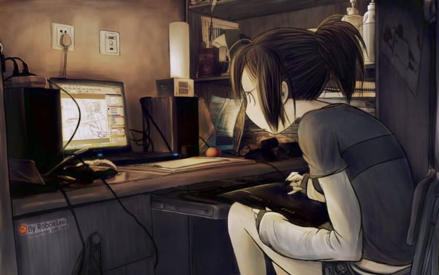 Chica anime confundida frente a su laptop Fondos de pantalla