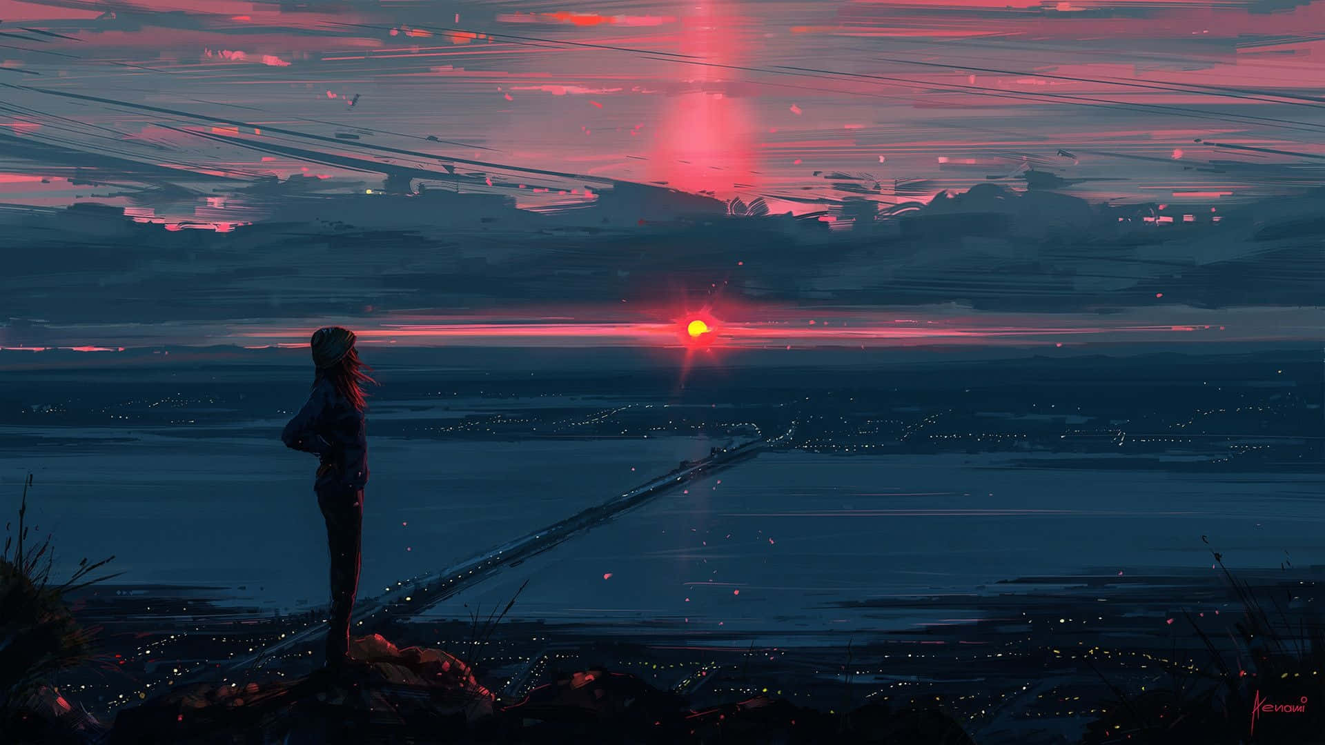 Chica anime contemplando la ciudad al atardecer desde un acantilado