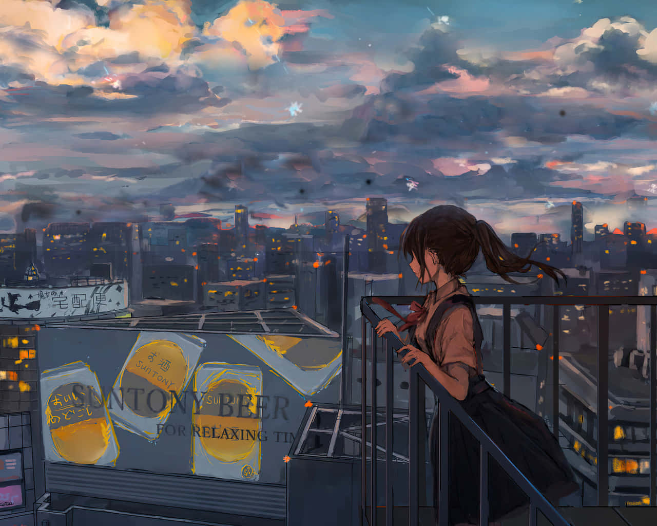 Chica Anime Contemplando el Paisaje Urbano Fondos de pantalla