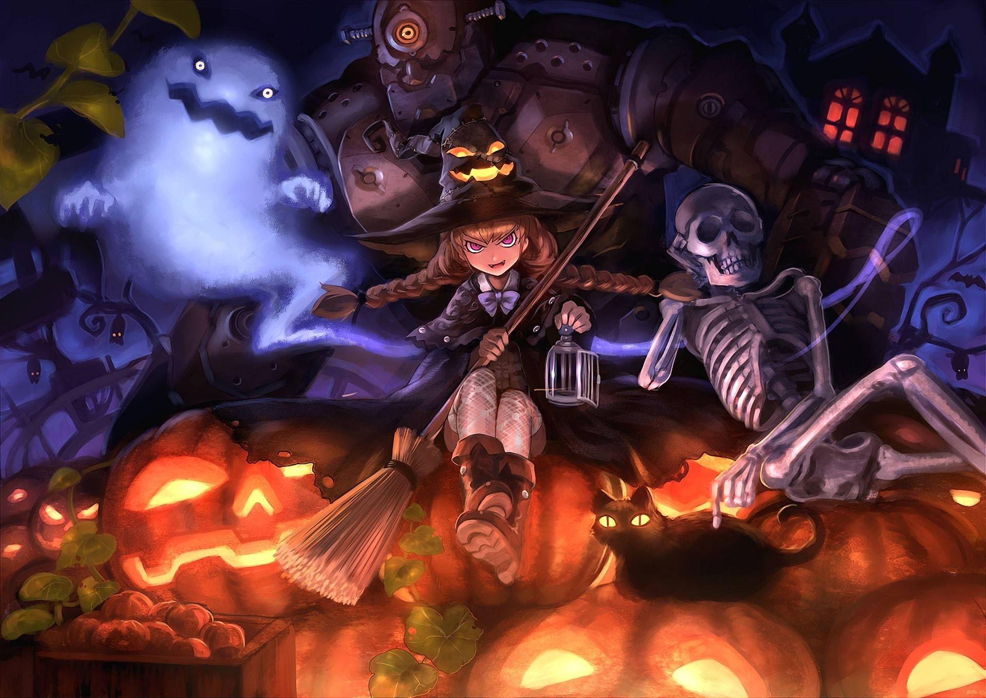 Chica Anime de Halloween Colgando con Fantasma, Esqueleto y Robot Fondos de pantalla