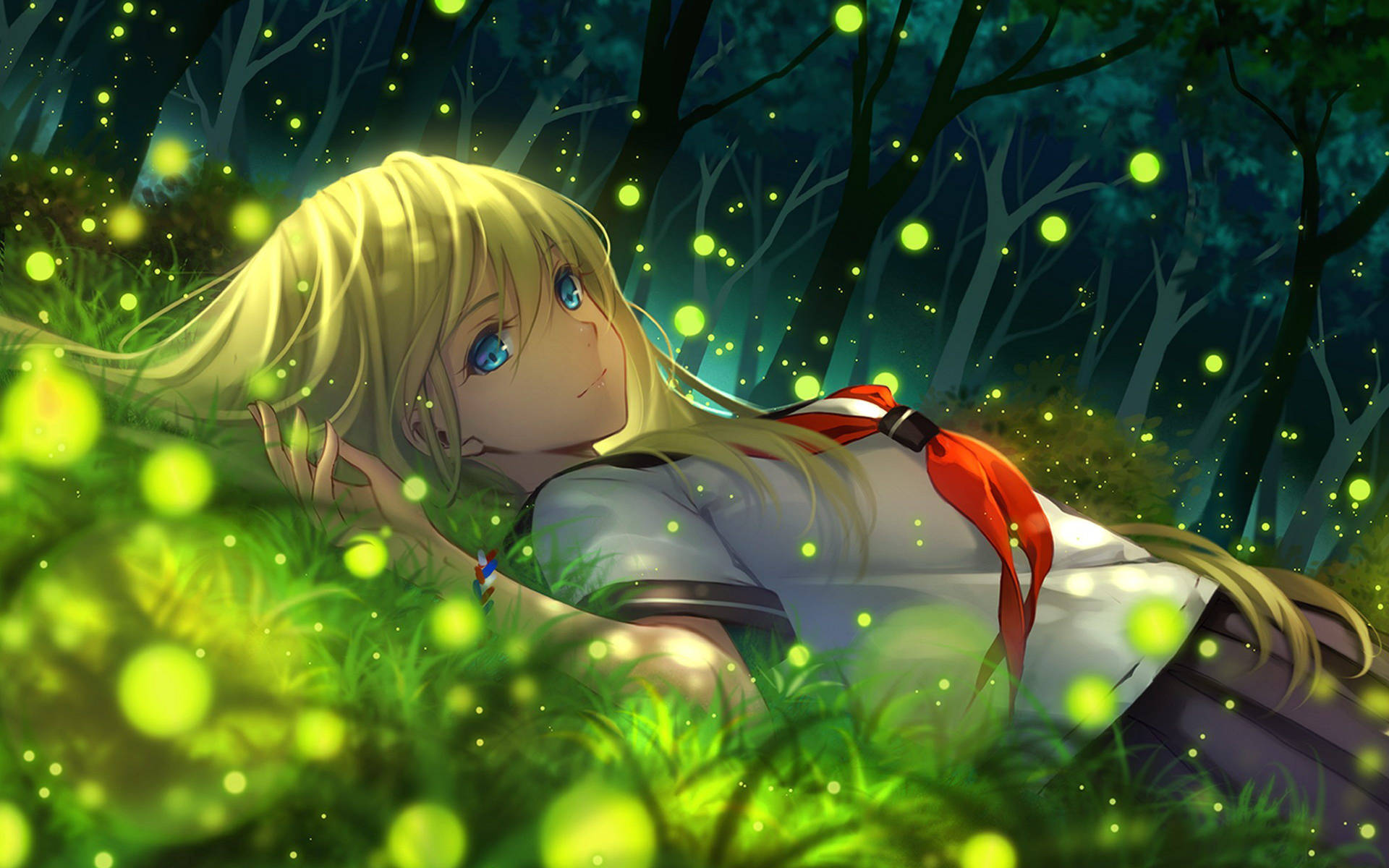 Fondo de pantalla de chica anime recostada en el pasto con círculos brillantes elevándose