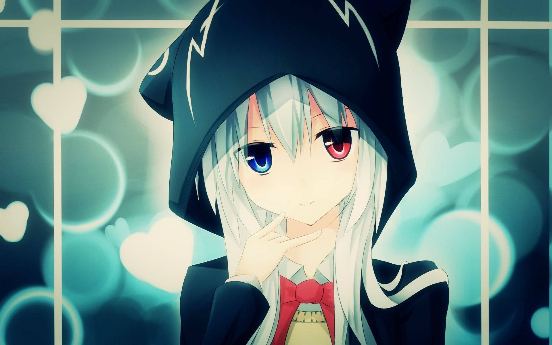 Chica Anime de Sudadera con Ojos Rojos y Azules Fondos de pantalla