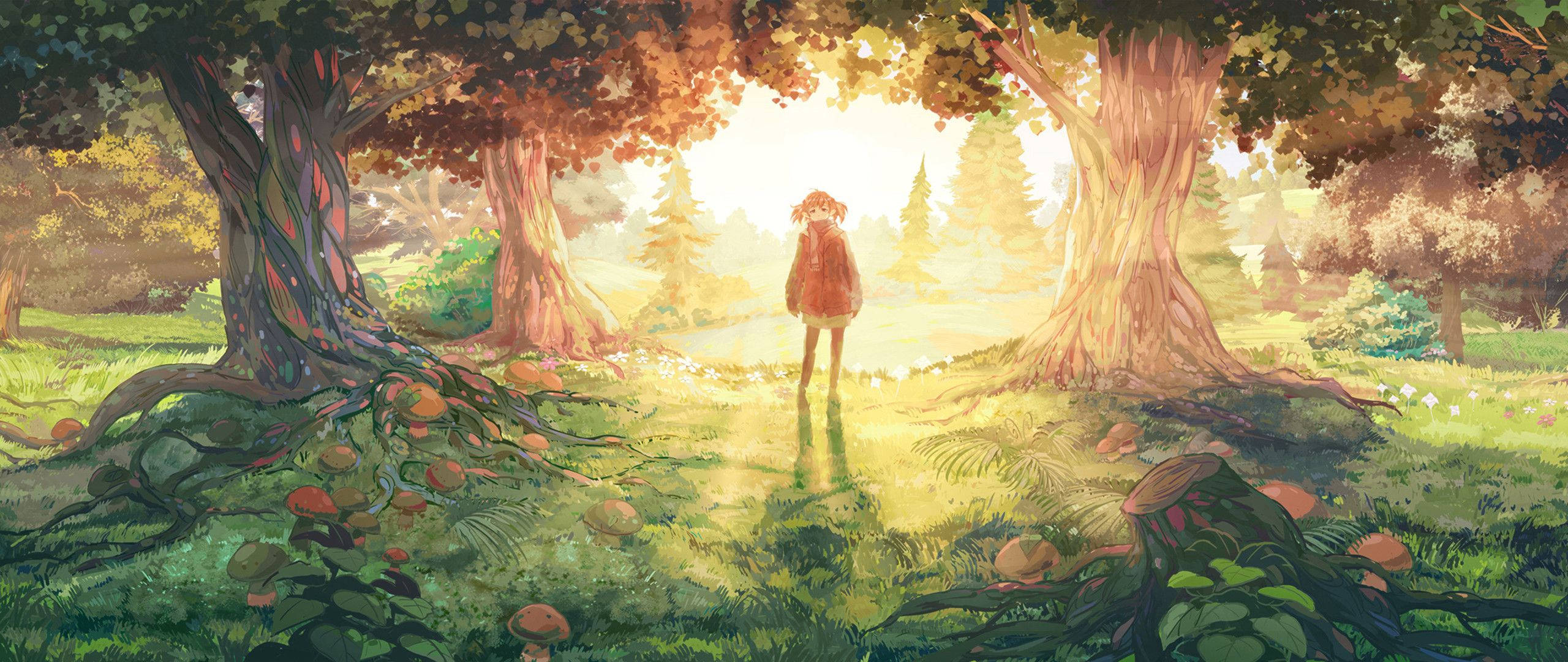 Chica anime disfruta la tranquilidad del bosque Fondos de pantalla