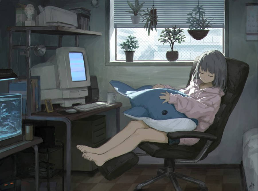 Chica anime durmiendo frente a la laptop Fondos de pantalla