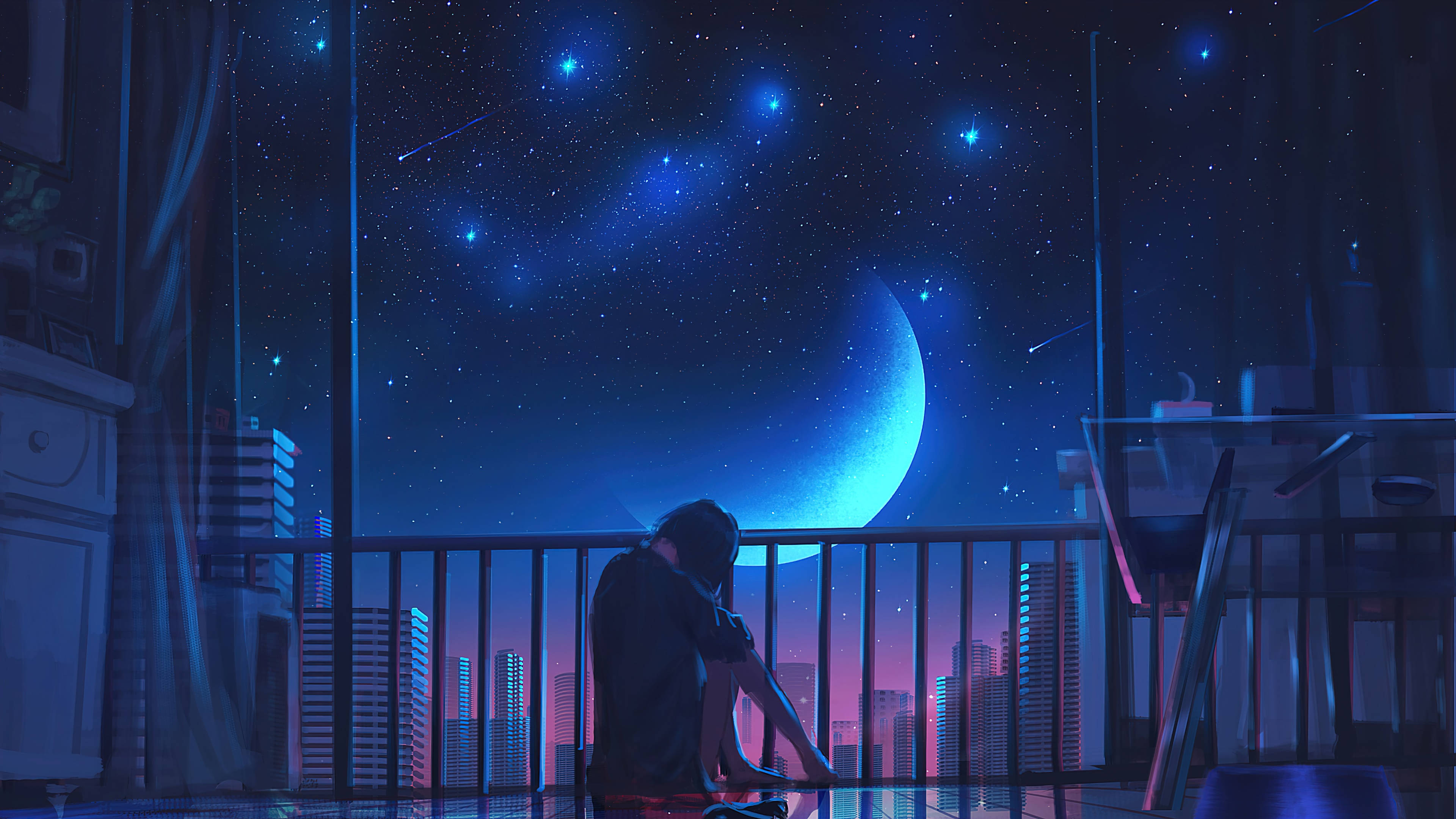 Chica Anime en el Balcón con Luna 4K Fondos de pantalla