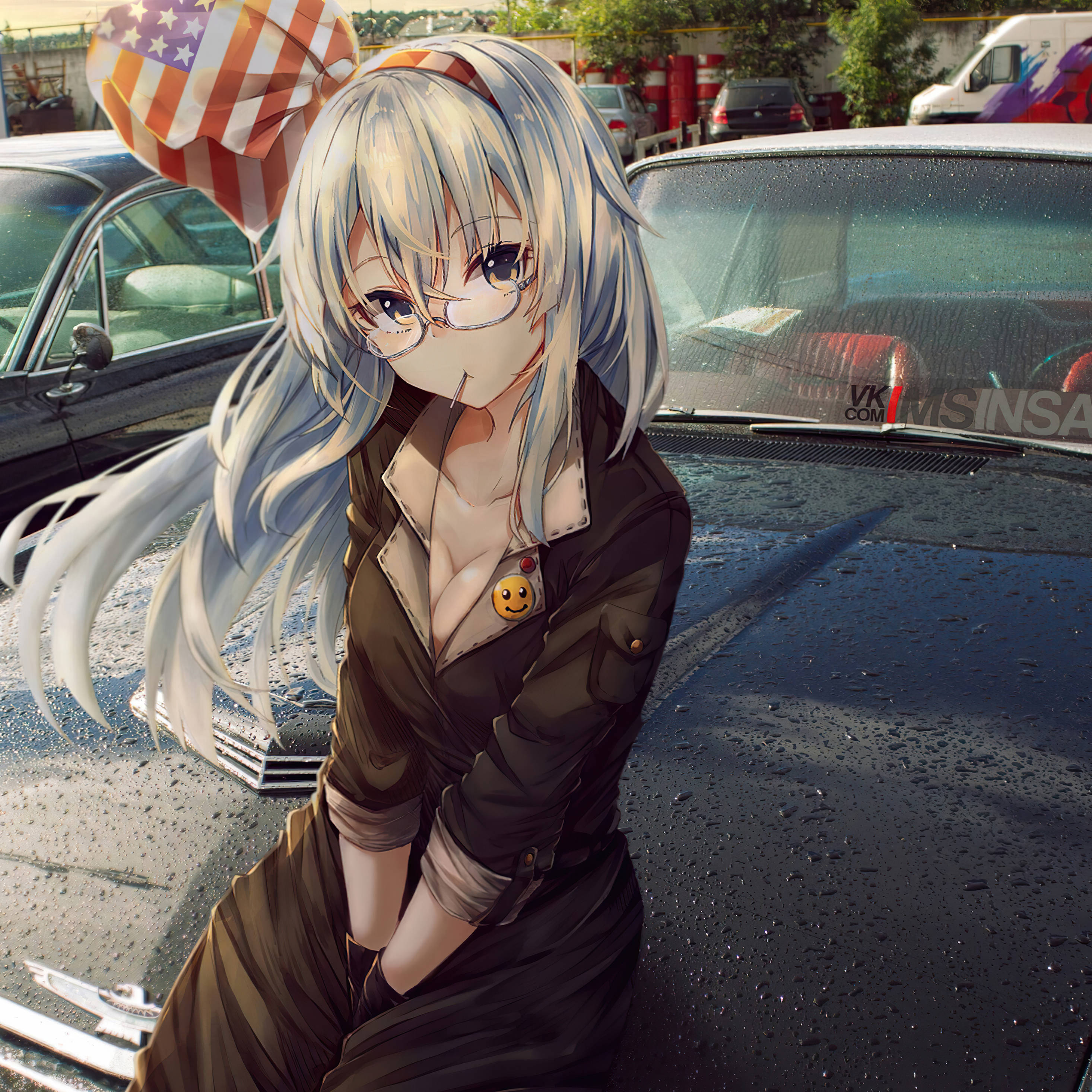 Chica Anime en iPad Sobre un Auto Fondos de pantalla