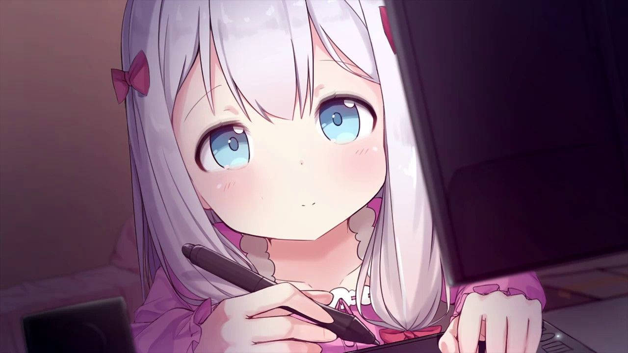 Fondo de pantalla de linda chica anime, Izumi Sagiri escribiendo algo mientras mira una laptop