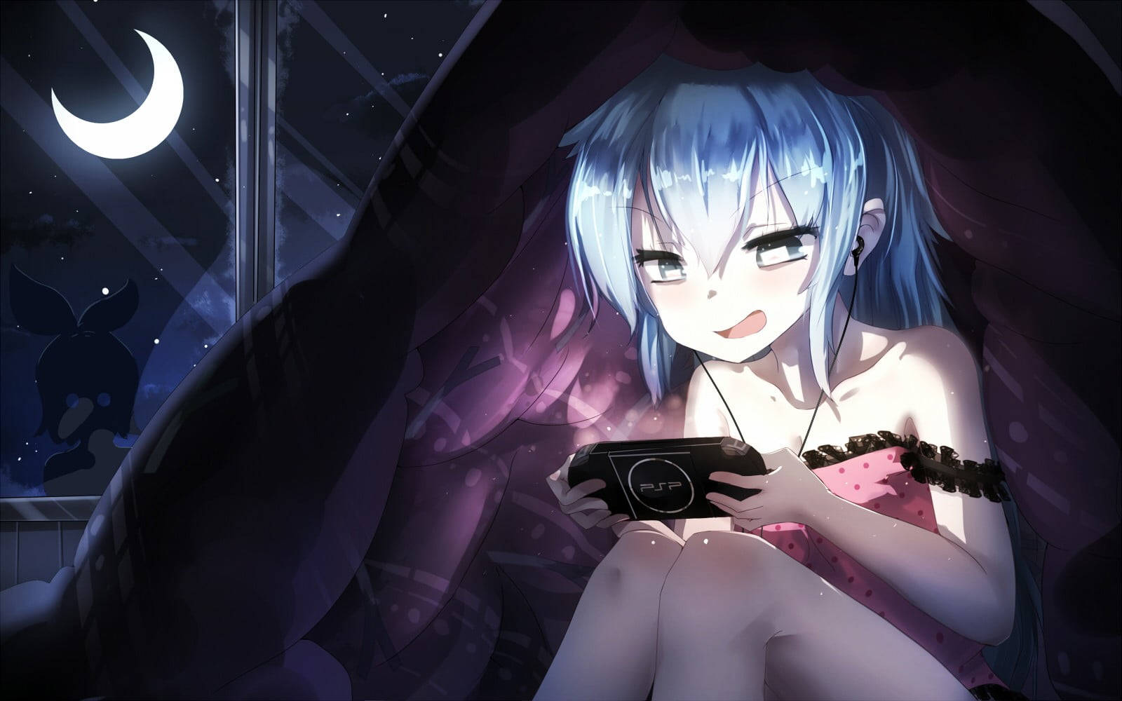 Chica anime jugando PSP por la noche Fondos de pantalla