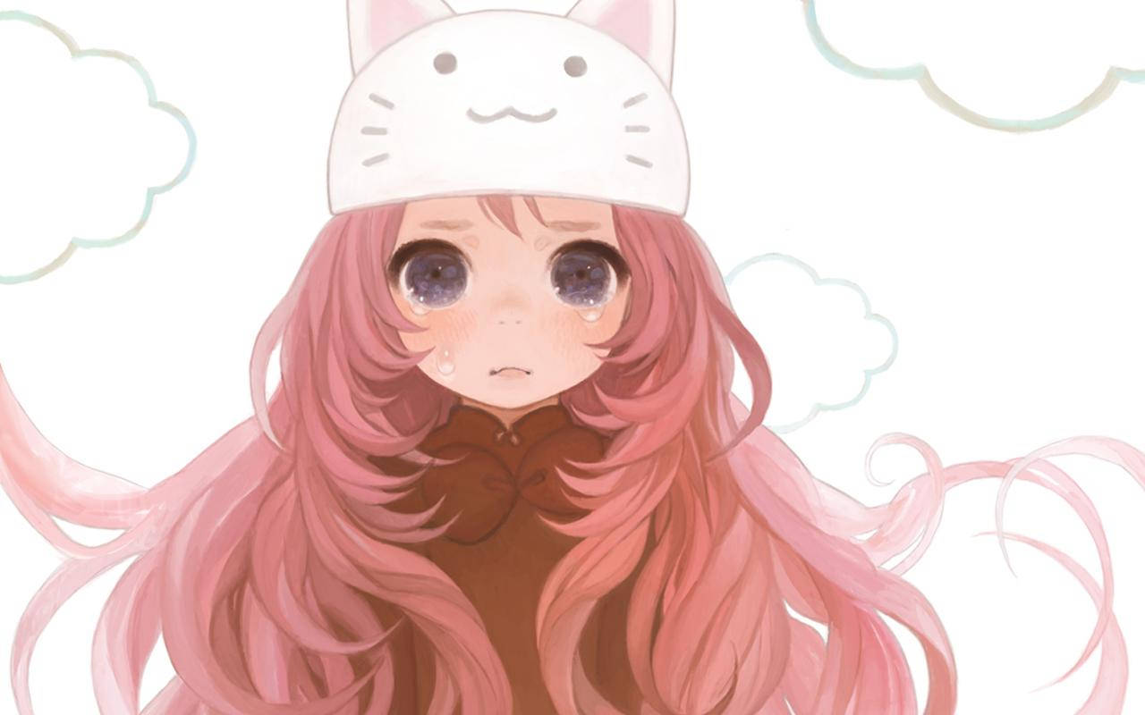 Chica anime kawaii llorando con sombrero de gato Fondos de pantalla