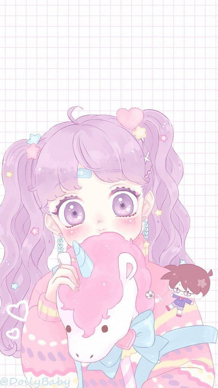 Chica Anime Kawaii con Peluche de Unicornio Fondos de pantalla