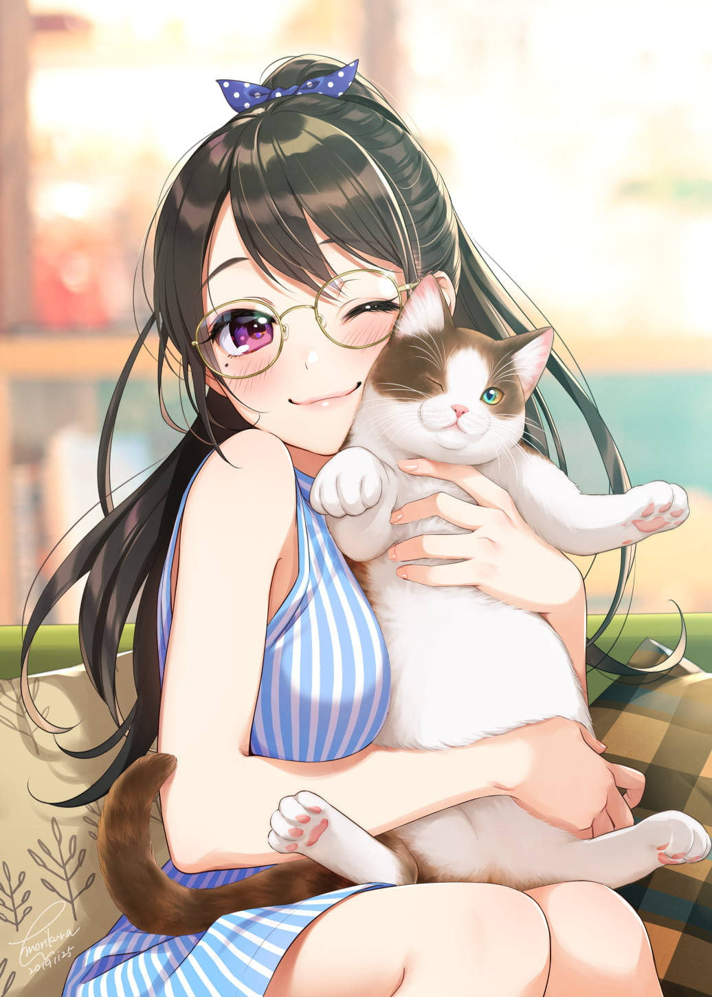 Chica anime kawaii linda con gato Fondos de pantalla