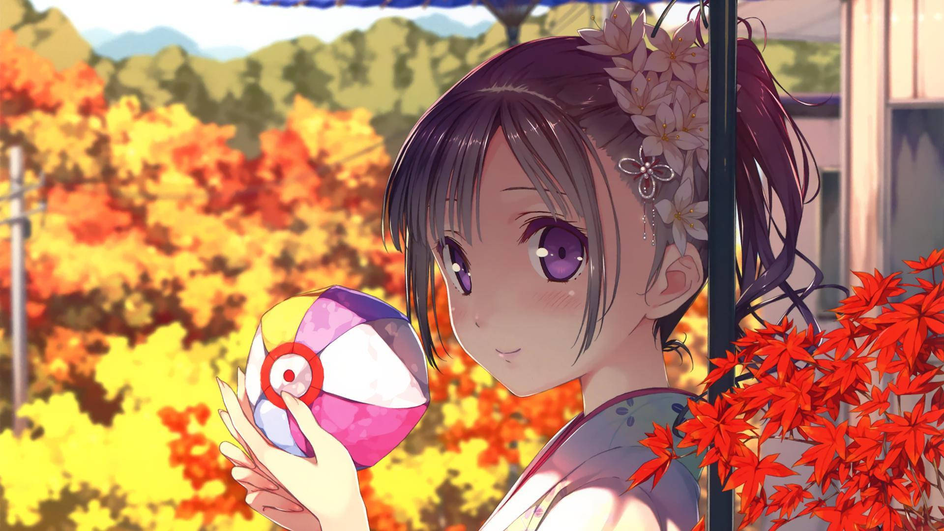 Chica anime kawaii con hojas de otoño Fondos de pantalla