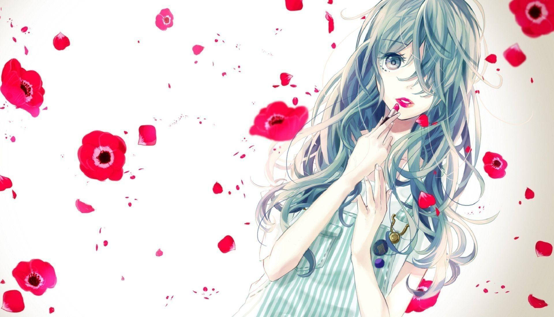 Chica anime kawaii con labios rojos y pétalos Fondos de pantalla