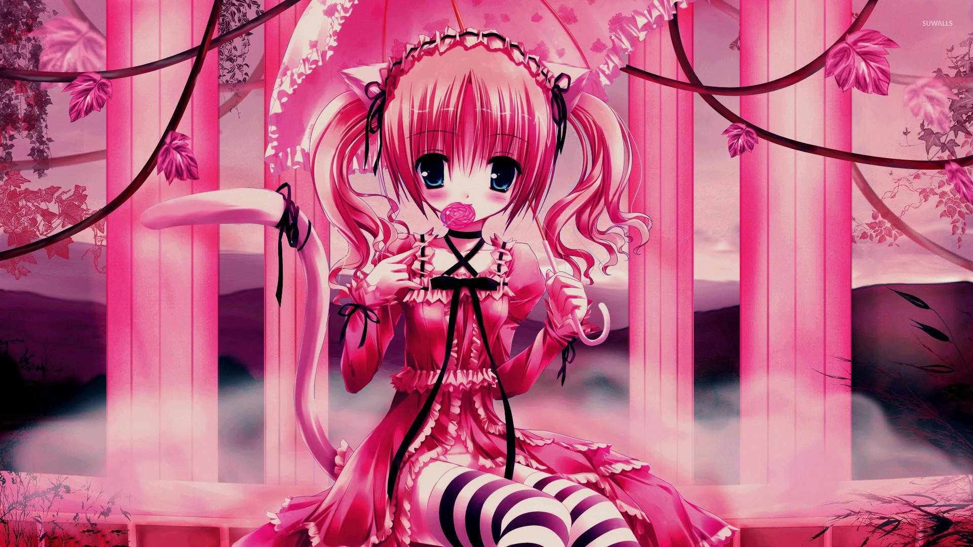Chica Anime Kawaii en Pilares Rosas Fondos de pantalla