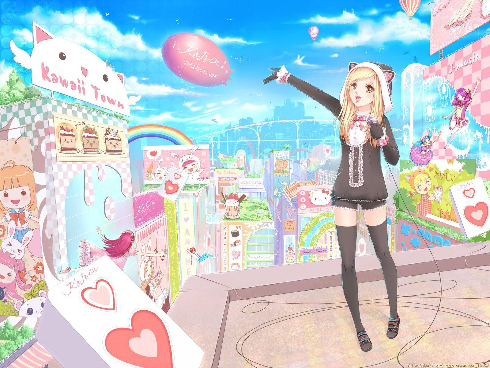 Chica Anime Kawaii Rodeada de Tiendas Lindas Fondos de pantalla
