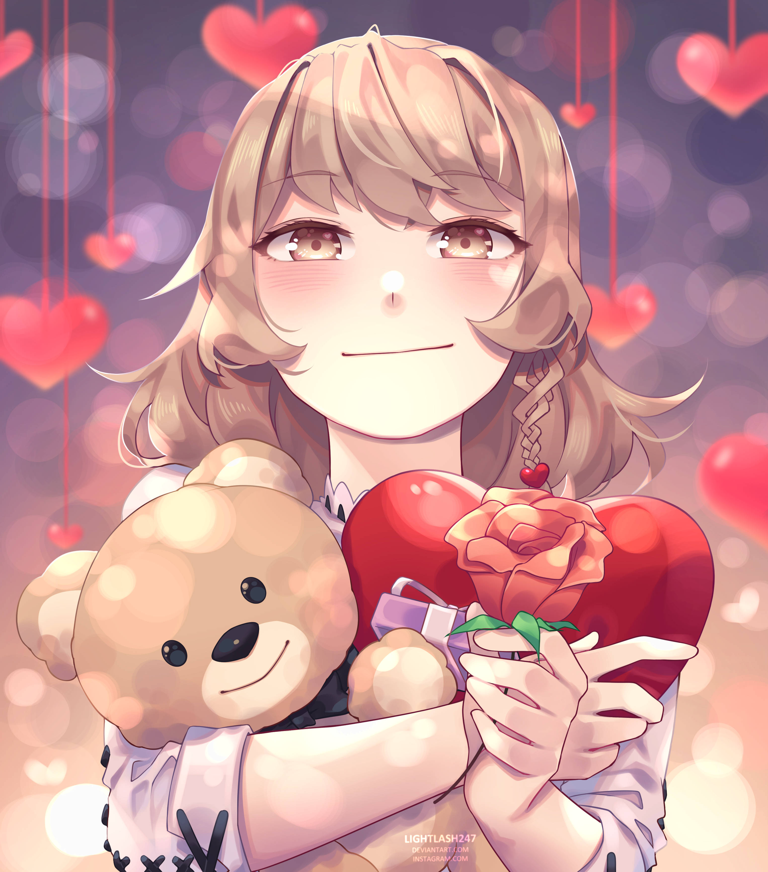 Chica anime linda sosteniendo corazón y oso Fondos de pantalla