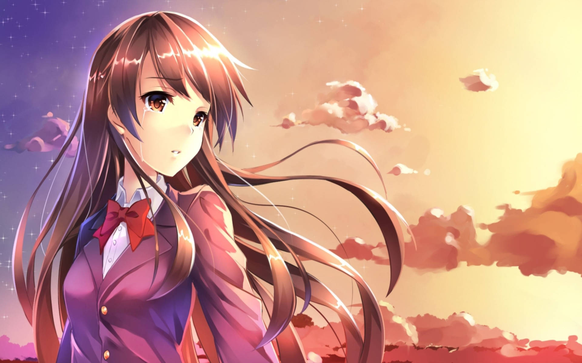 Chica anime llorando bajo un cielo de atardecer estético rosa fondo de pantalla