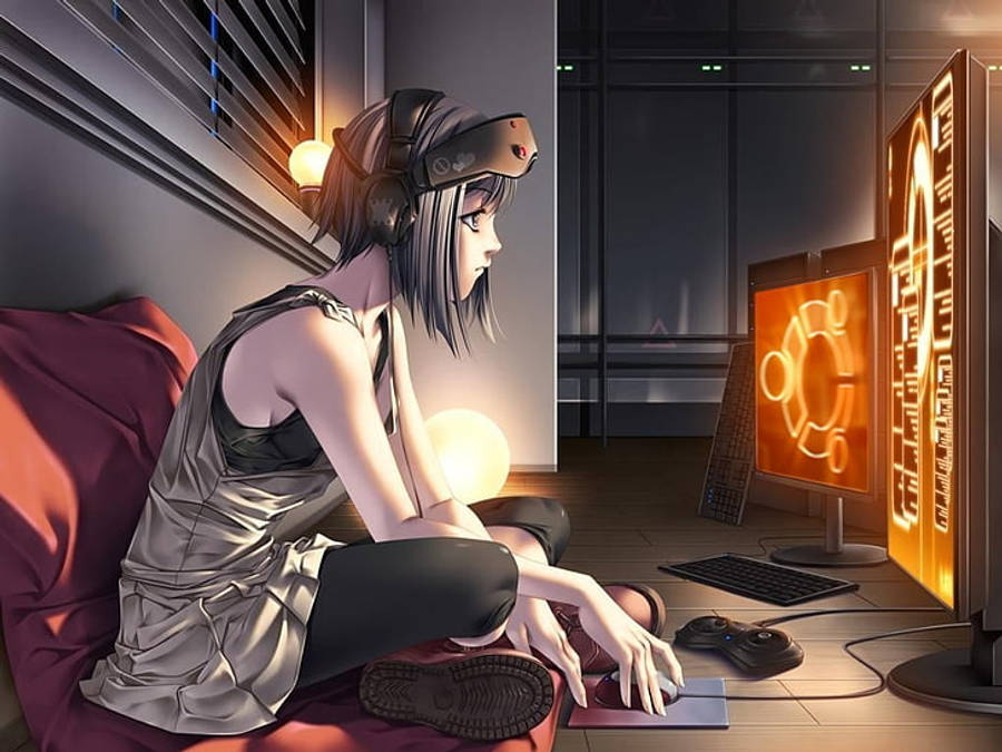 Chica anime mirando cerca de la pantalla de la laptop Fondos de pantalla