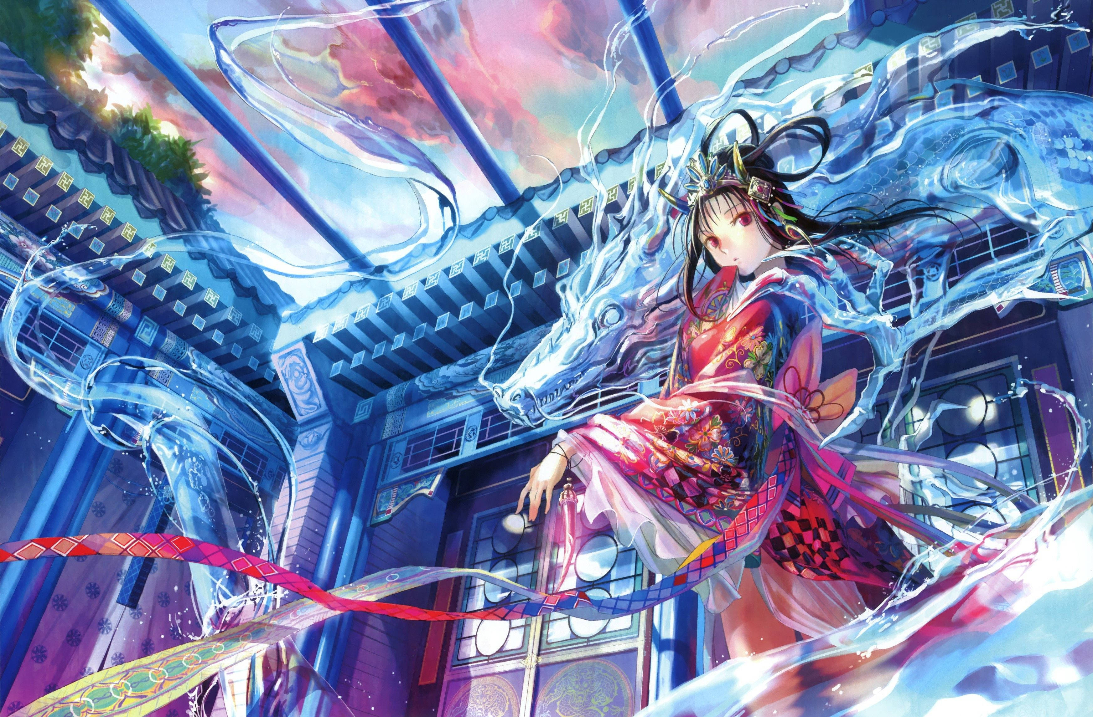 Chica anime PC con dragón japonés Fondos de pantalla