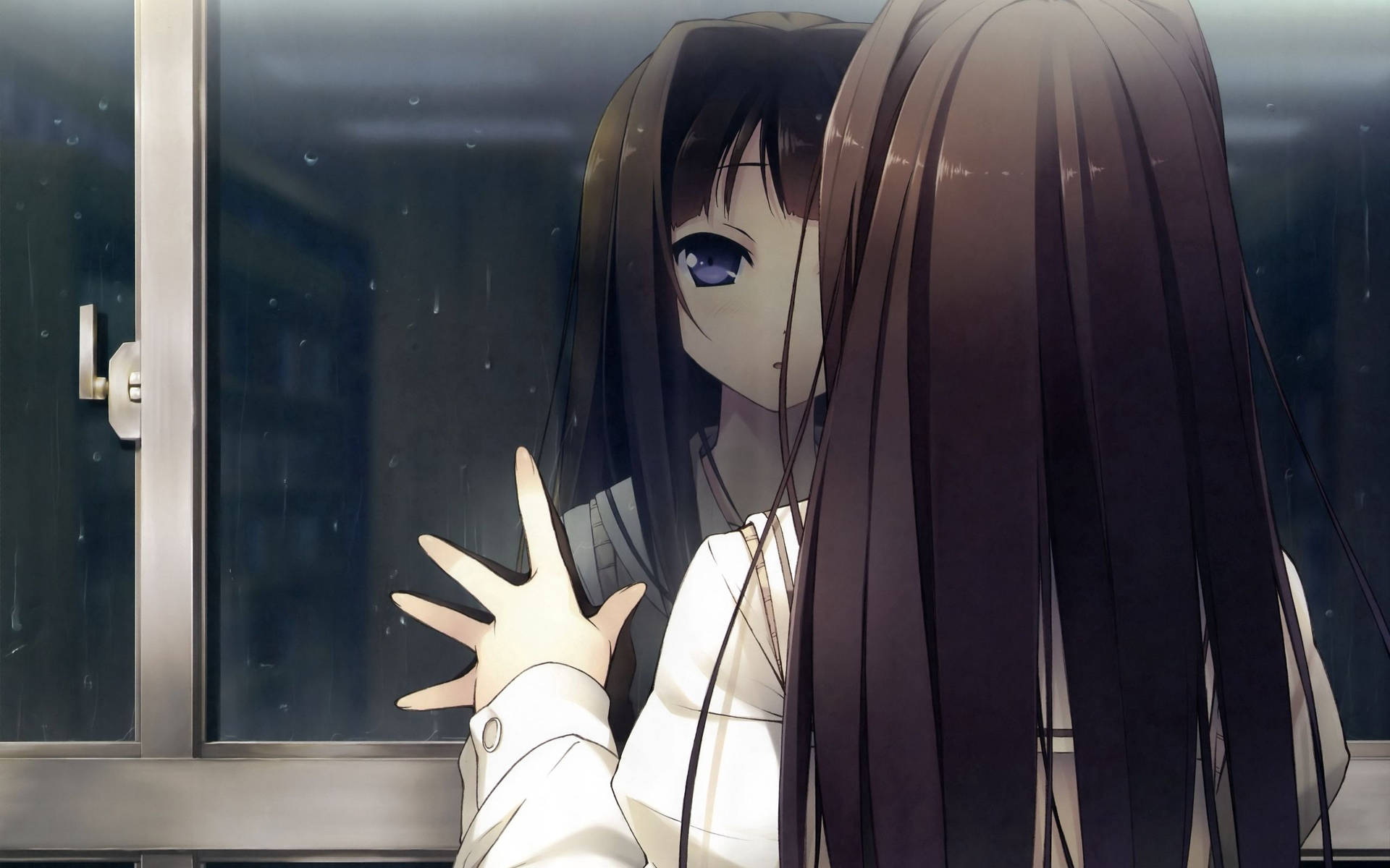 Fondo de pantalla de chica anime con cabello largo negro mirando su reflejo en la ventana