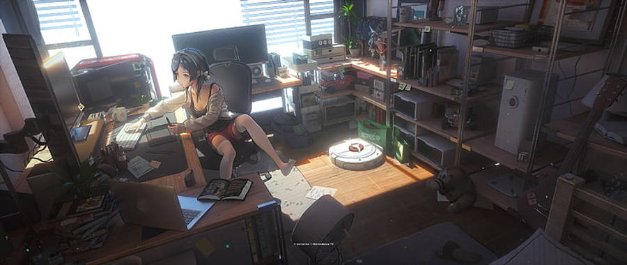 Chica anime sentada cómodamente trabajando en su laptop Fondos de pantalla