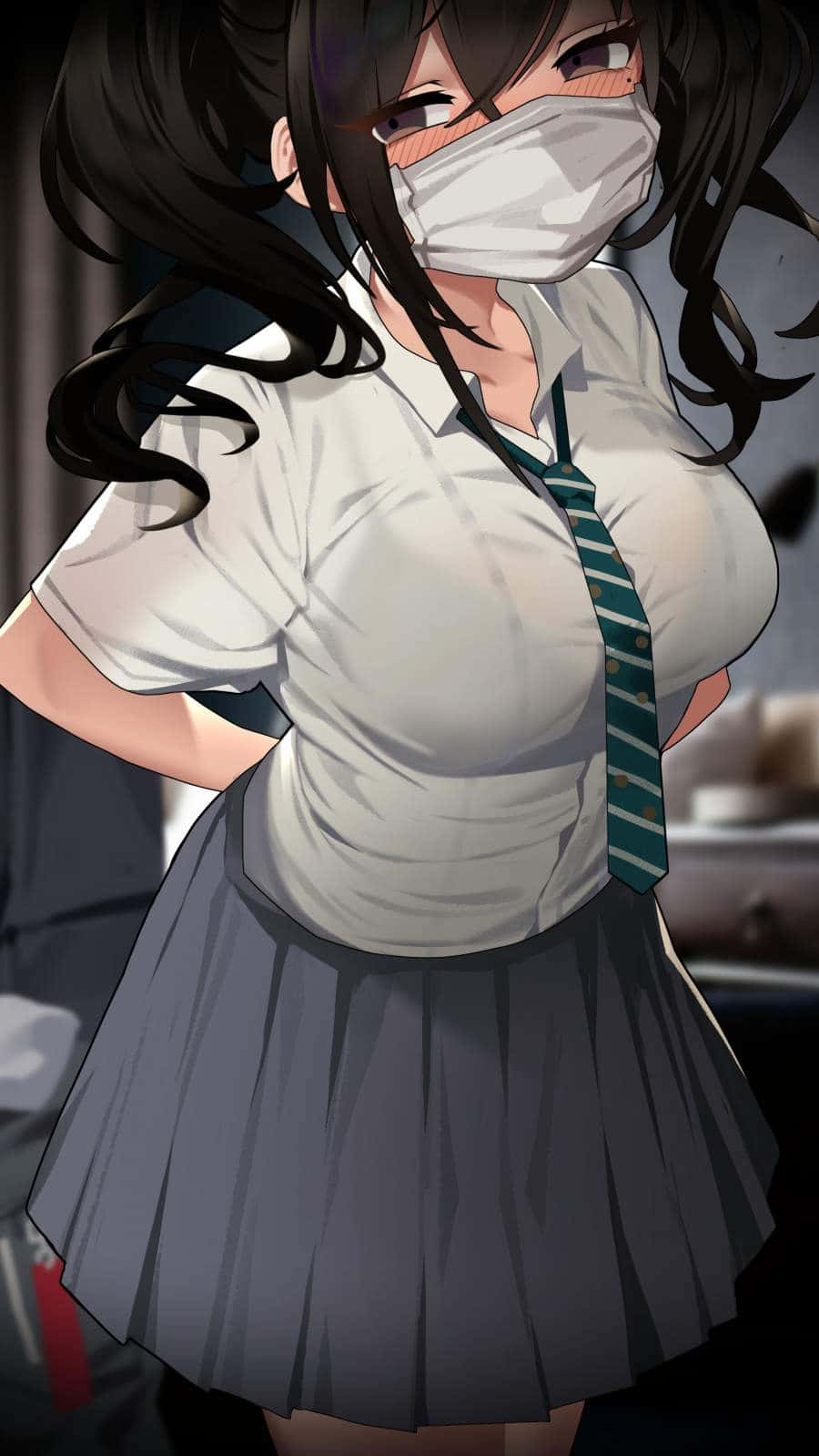 Chica anime sexy con uniforme y cubrebocas Fondos de pantalla