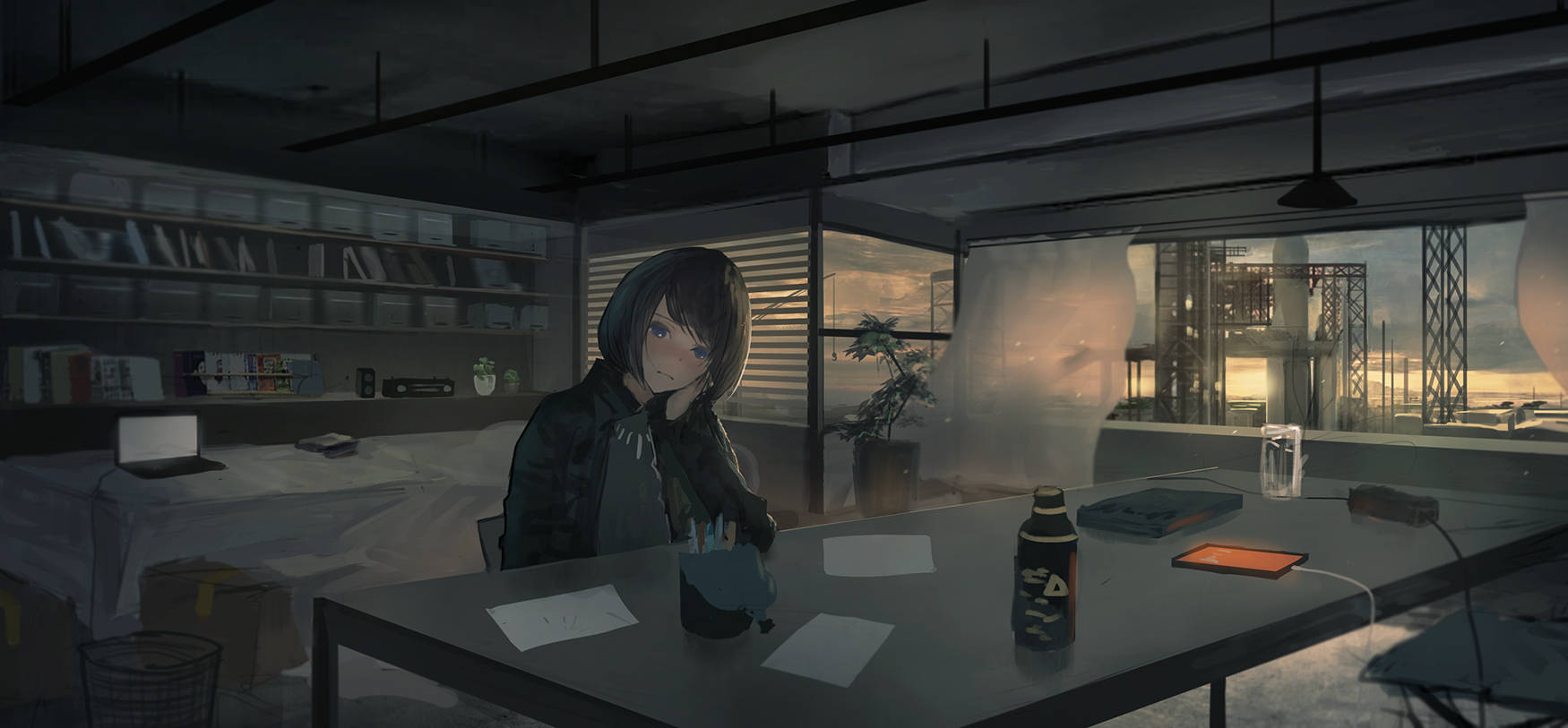 Chica anime solitaria encorvada sobre la mesa con laptop Fondos de pantalla