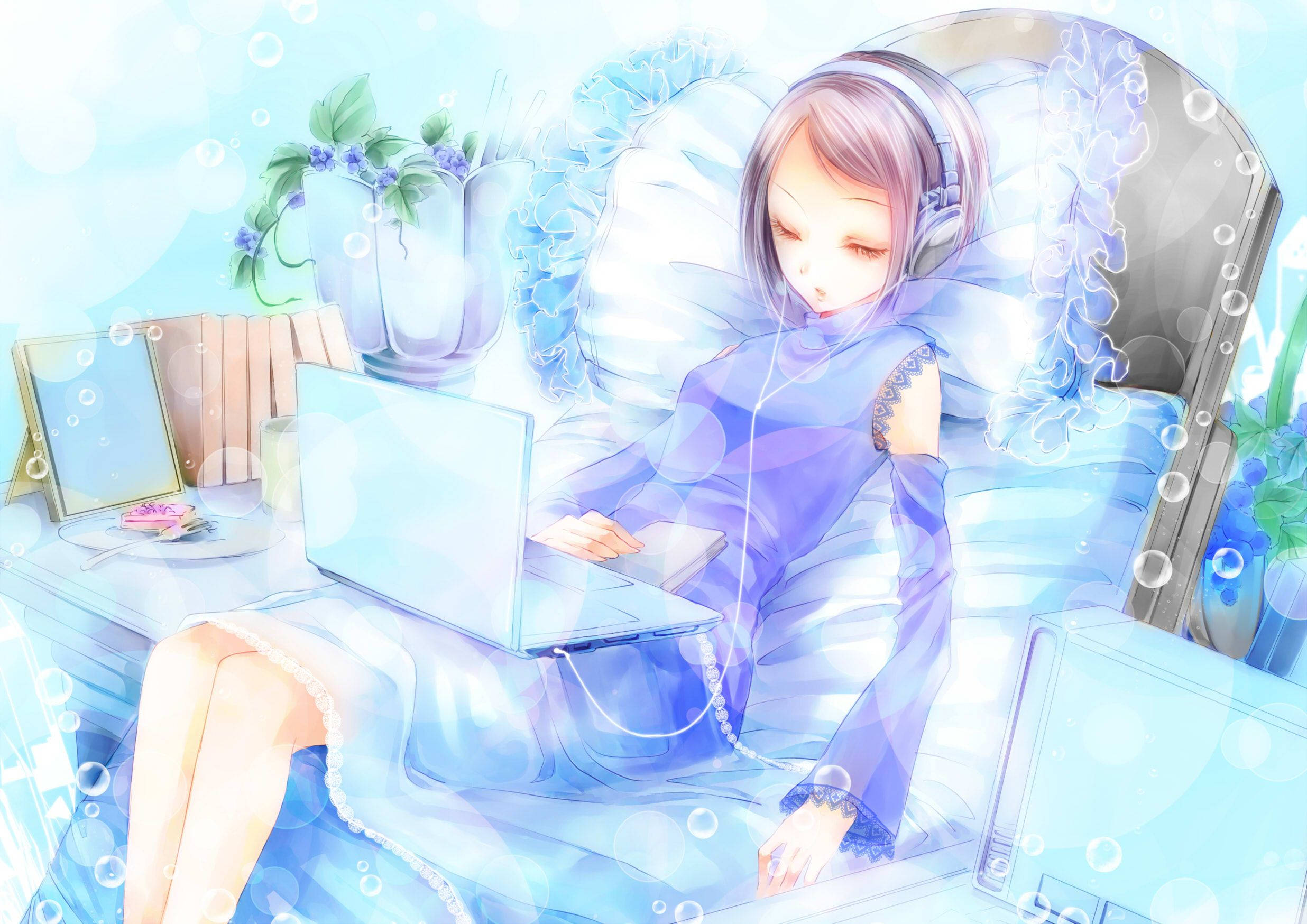 Chica anime soñolienta duerme frente a su laptop Fondos de pantalla
