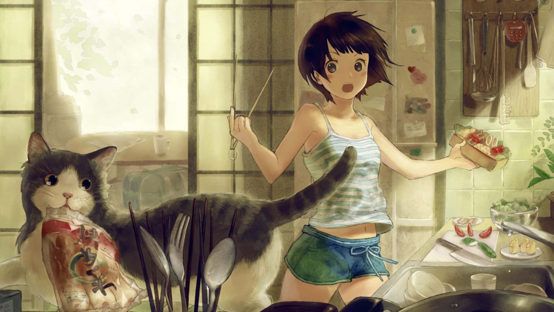 Chica Anime Sorprendida Fondo de Cocina 1920x1080 Fondos de pantalla
