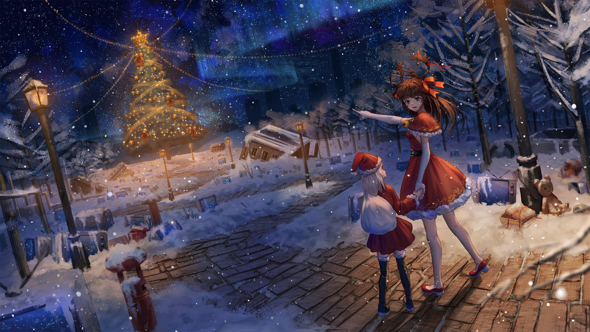 Chica anime tomada de la mano durante Navidad Fondos de pantalla