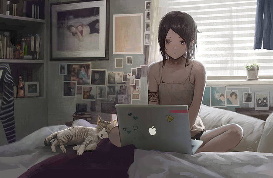 Chica anime trabajando con laptop en la cama Fondos de pantalla