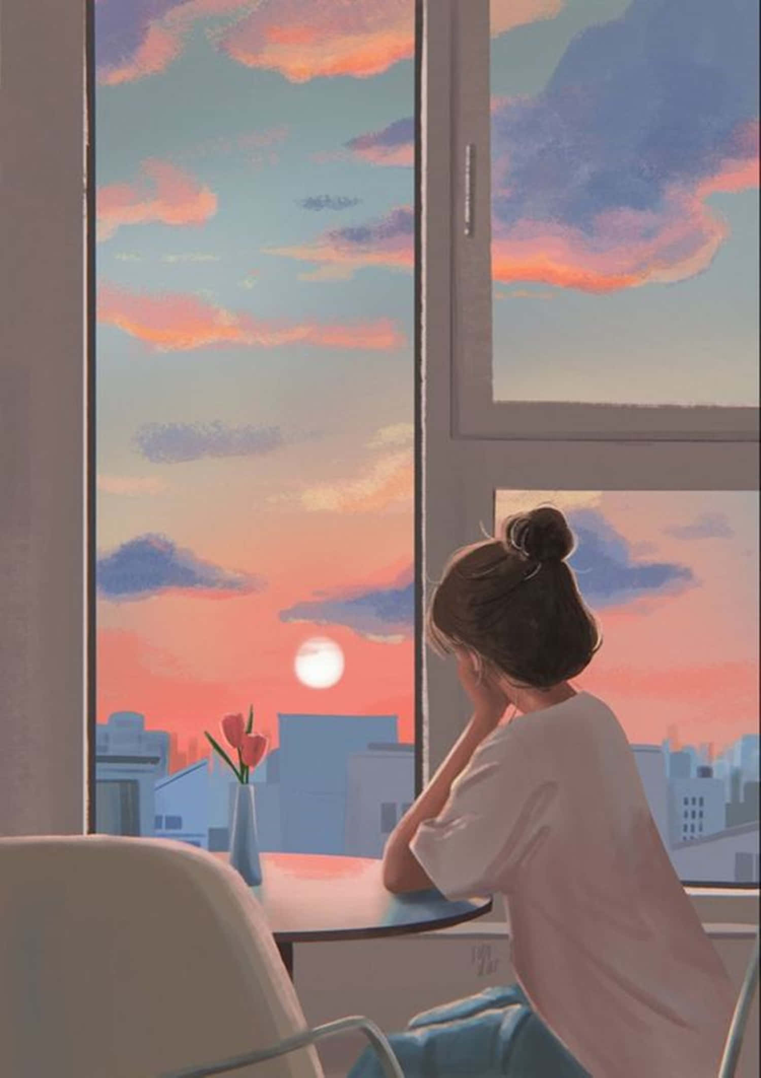 Chica Anime Tranquila Estética Cielo Atardecer Fondos de pantalla