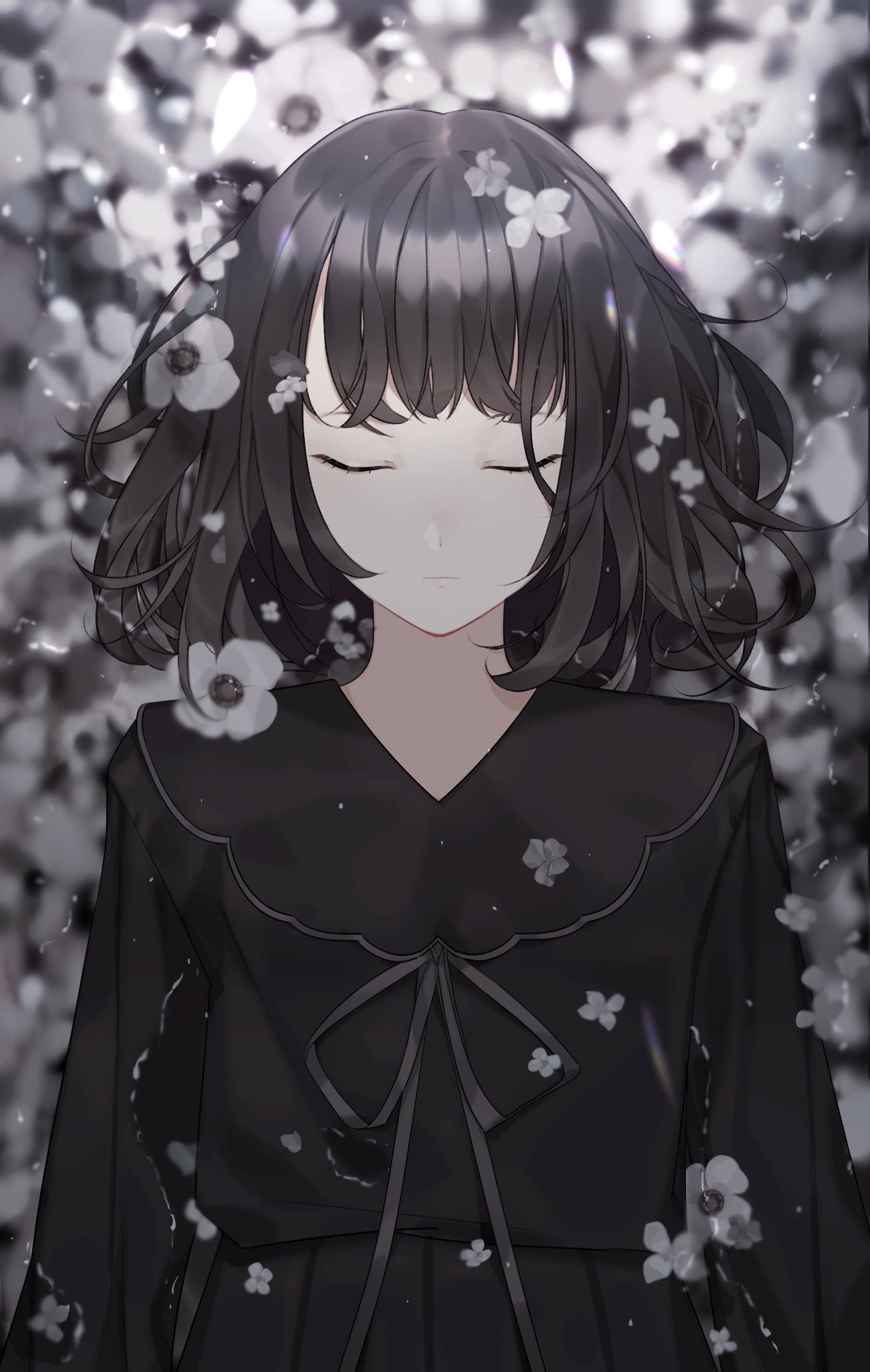 Chica Anime Triste en Blanco y Negro con Flores Fondos de pantalla
