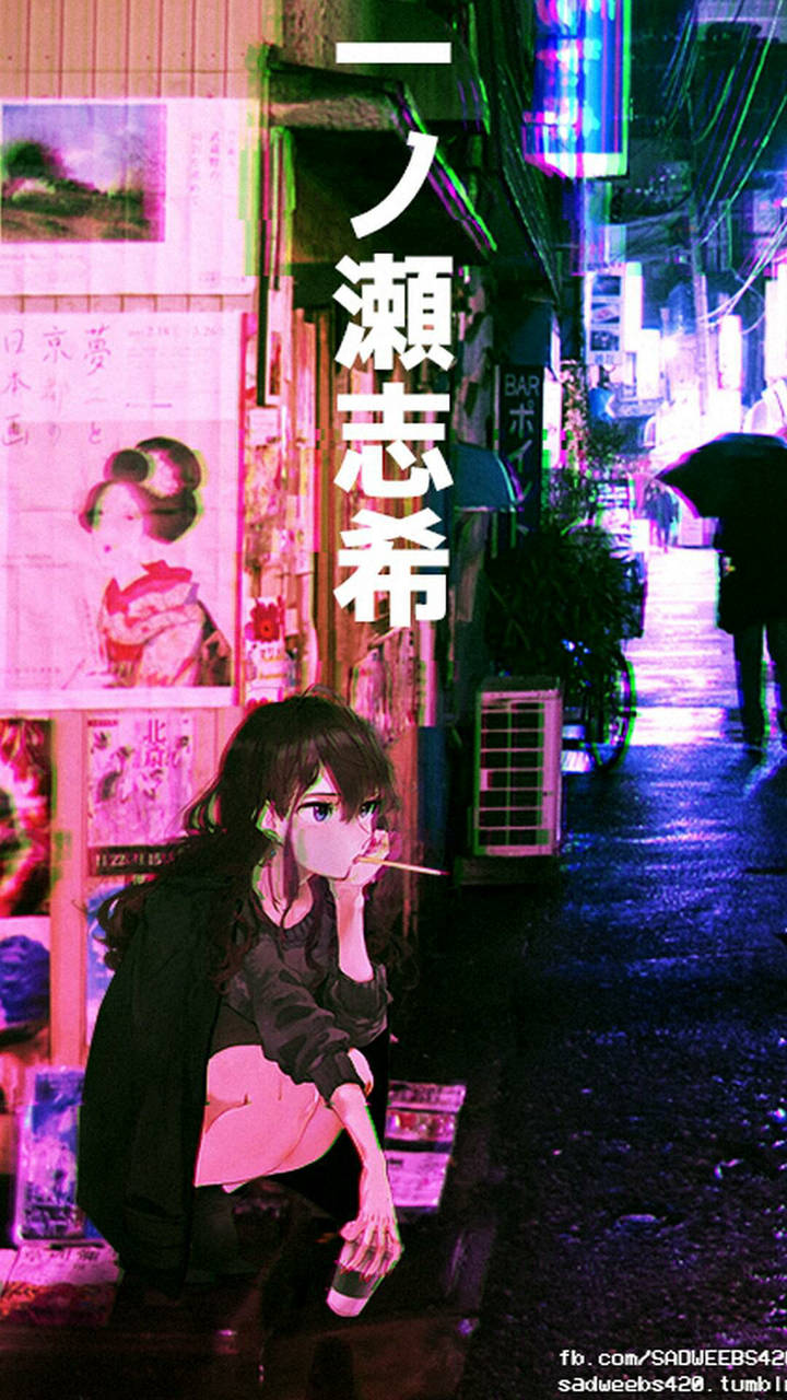 Chica anime triste en ciudad japonesa estética Fondos de pantalla