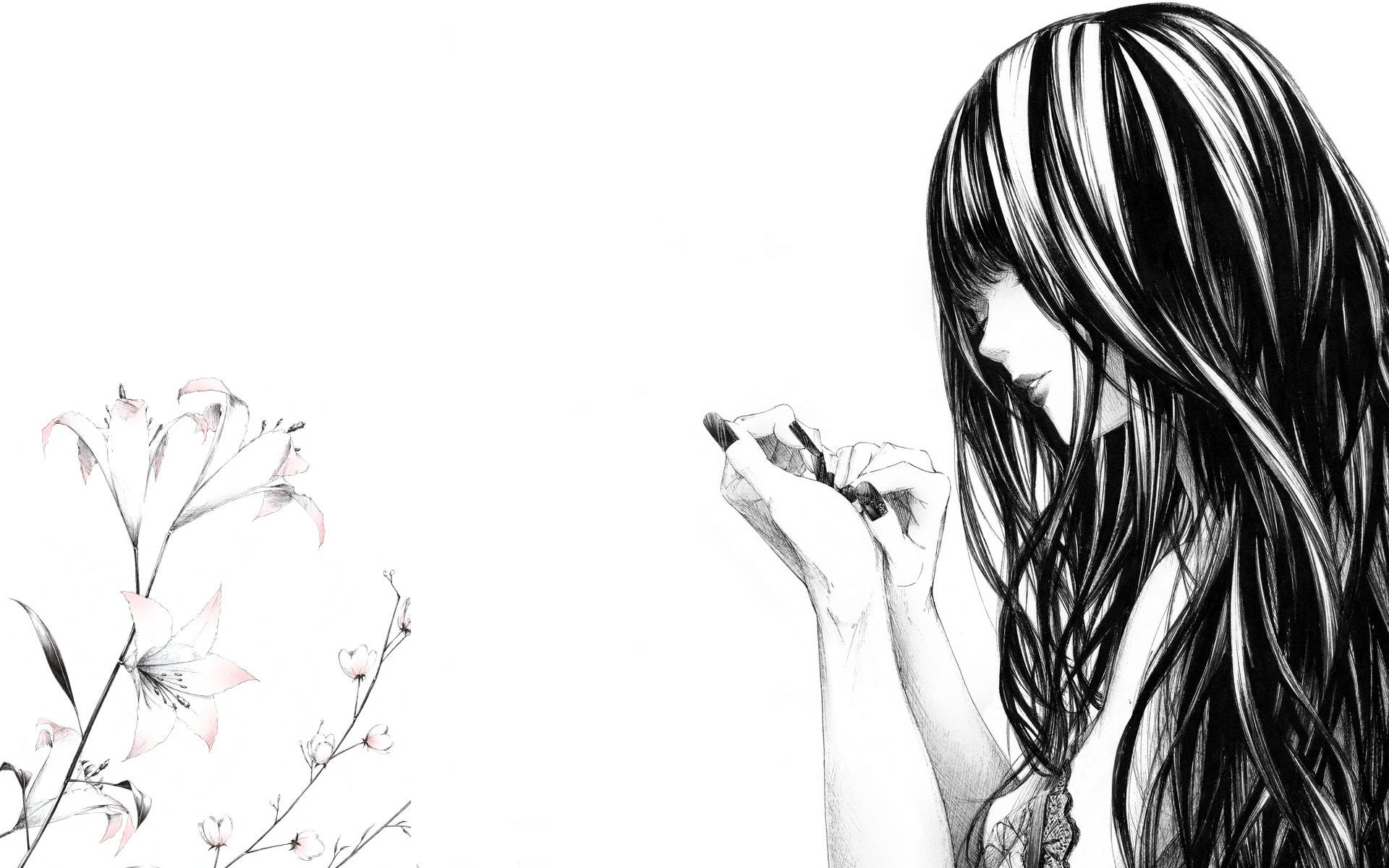 Chica Anime Tristemente Sutil en Blanco y Negro Fondos de pantalla