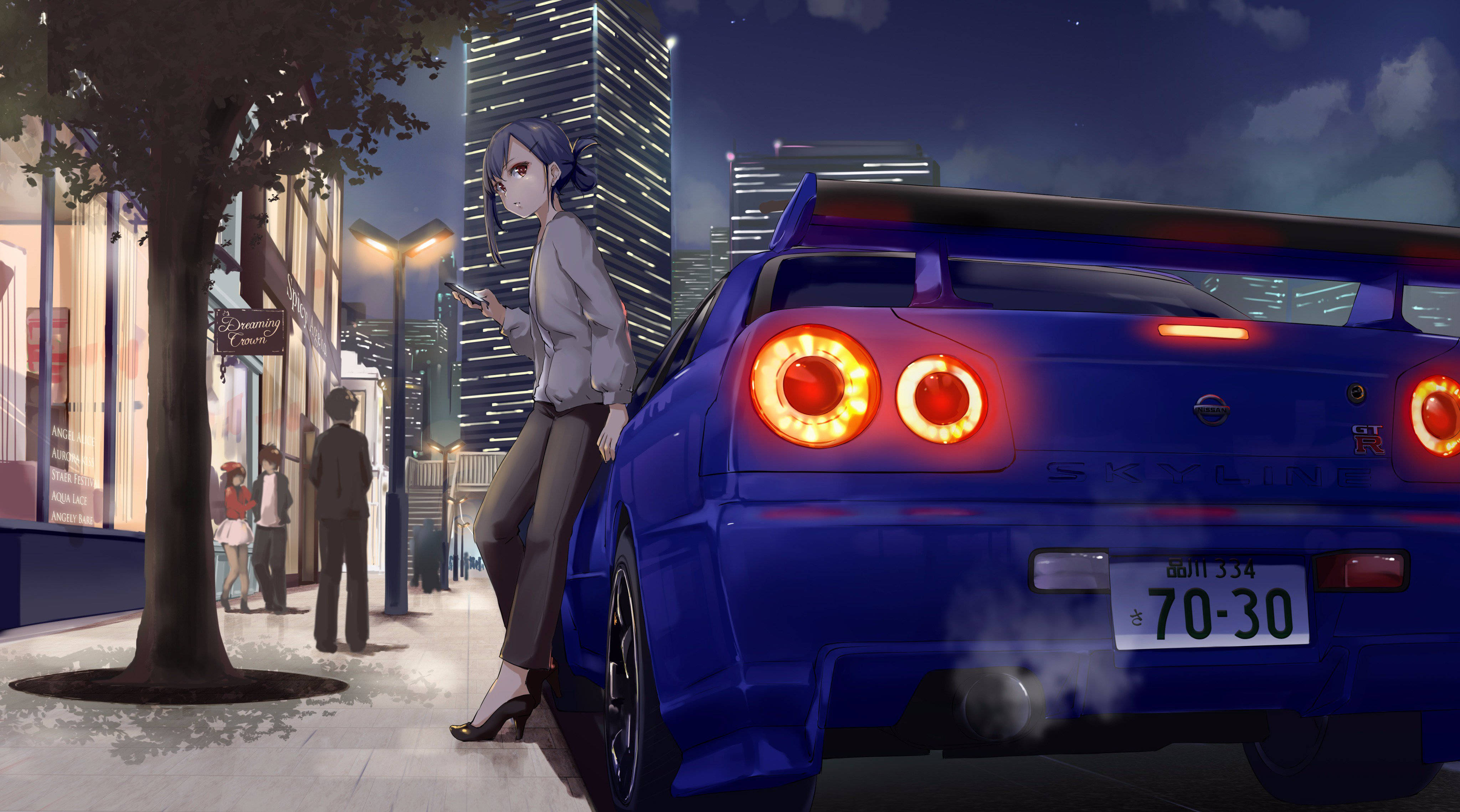 Chica apoyada en un auto Nissan Skyline anime Fondos de pantalla