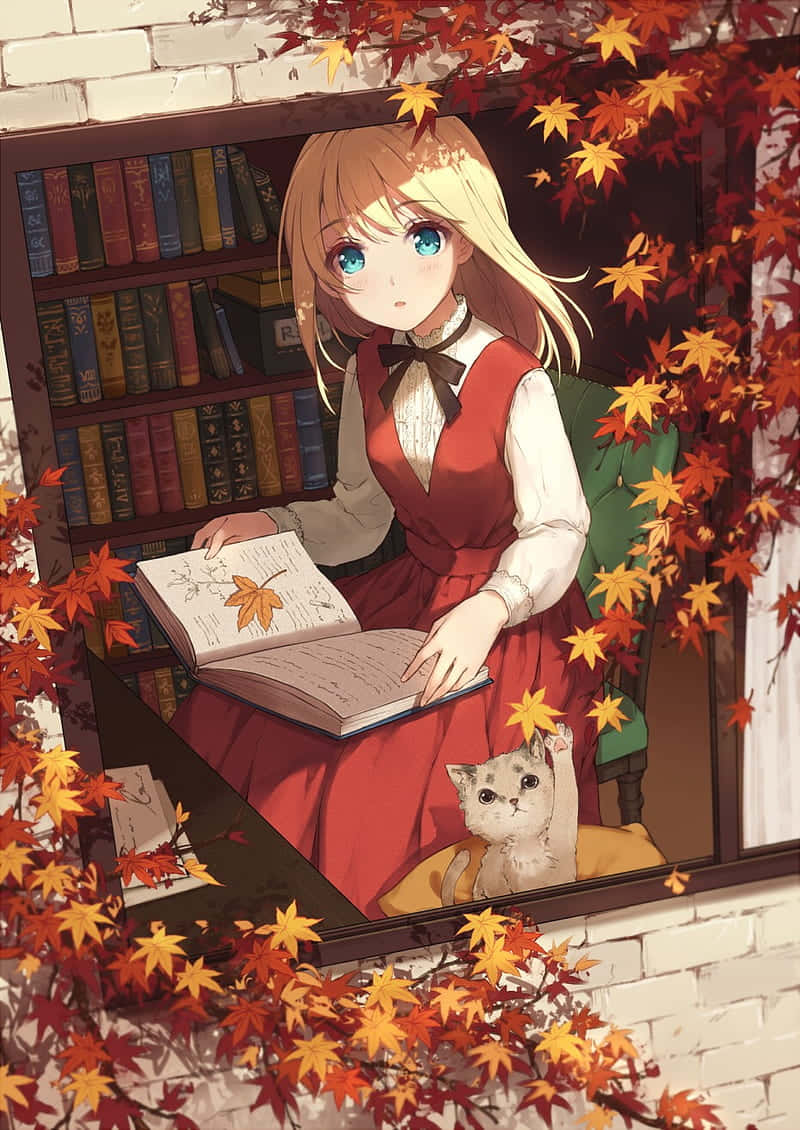 Chica con gato y hojas de arce otoño anime Fondos de pantalla