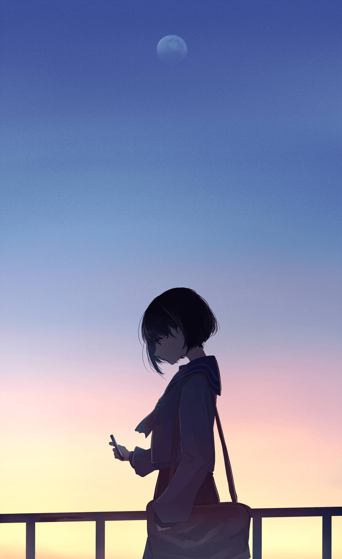 Chica con Luna Estética Anime Atardecer Fondos de pantalla
