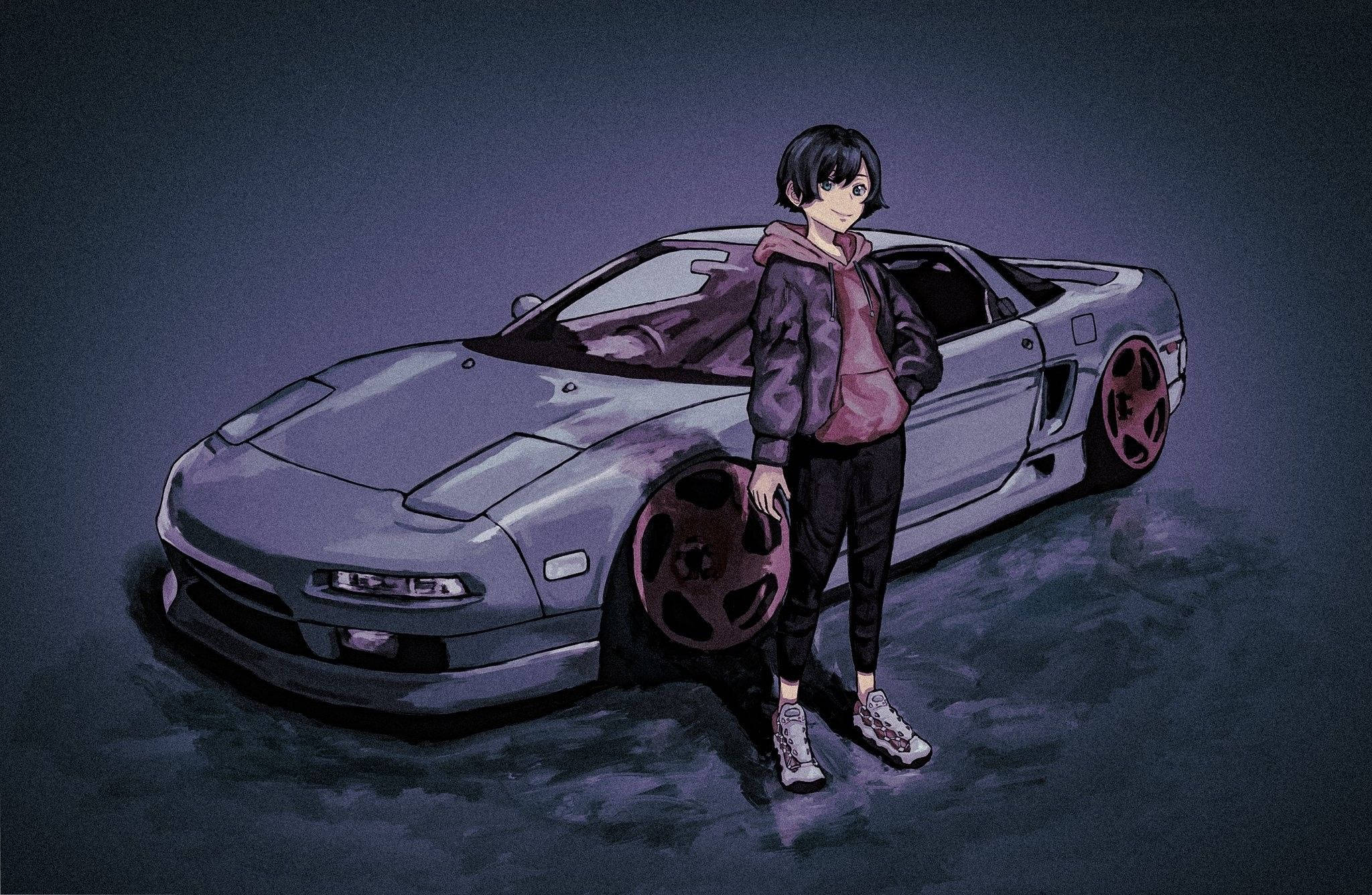 Chica con sudadera junto a un auto anime Fondos de pantalla