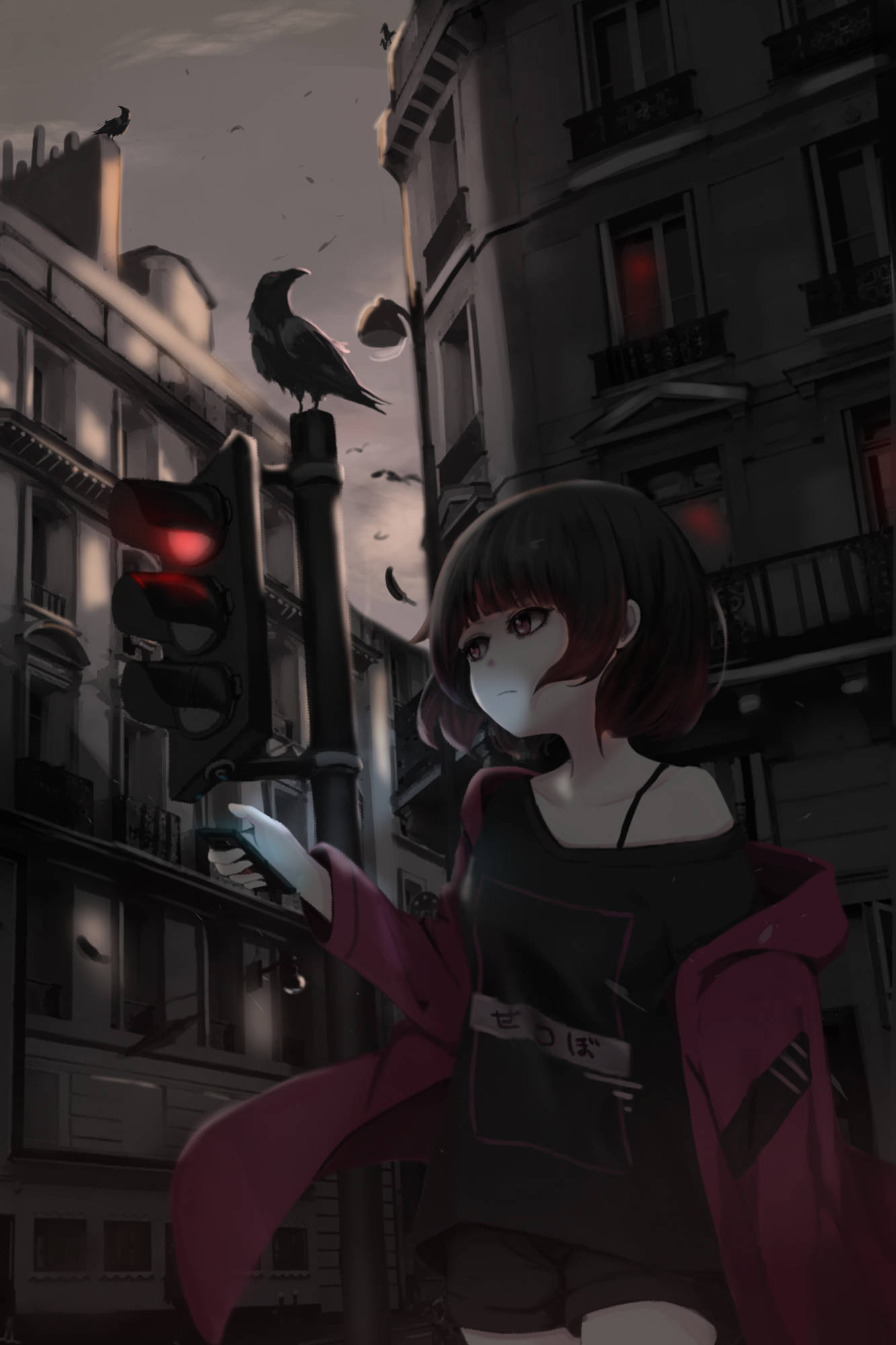 Chica con un cuervo en un teléfono anime Fondos de pantalla