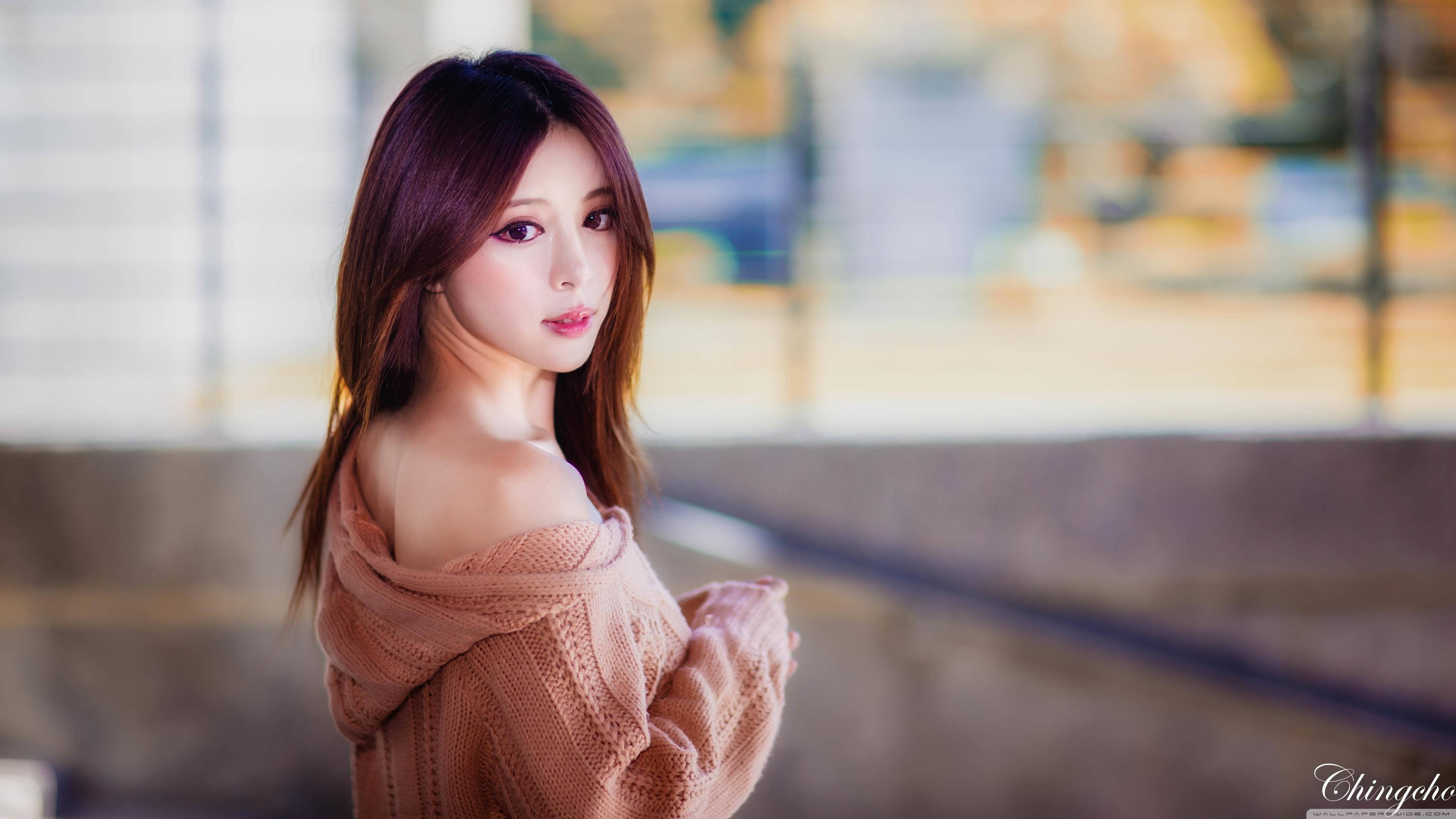 Chica coreana con suéter tejido Fondos de pantalla