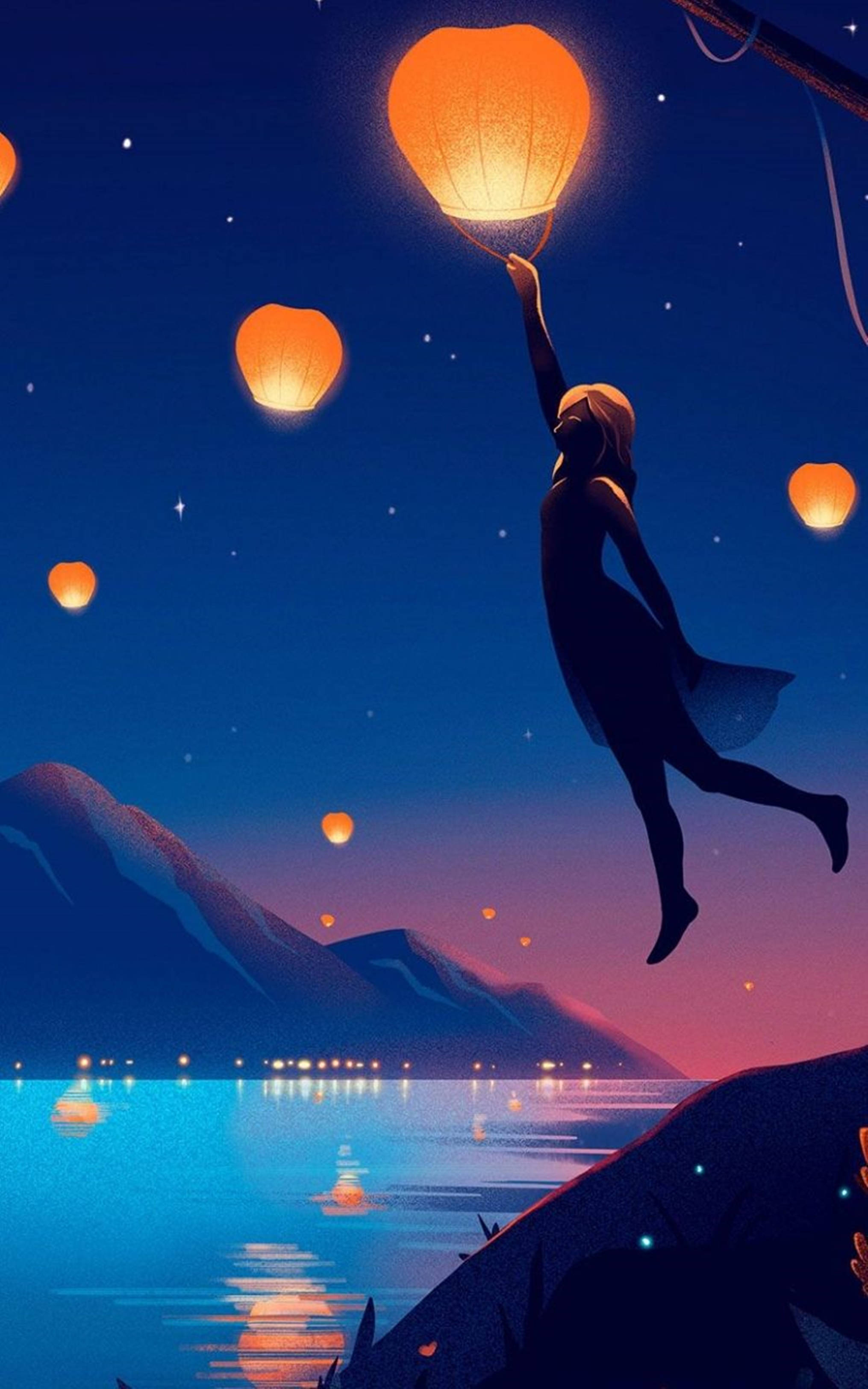 Chica de Anime 4K Tomando un Farol Flotante para iPhone — 4K anime GIF Fondos de pantalla
